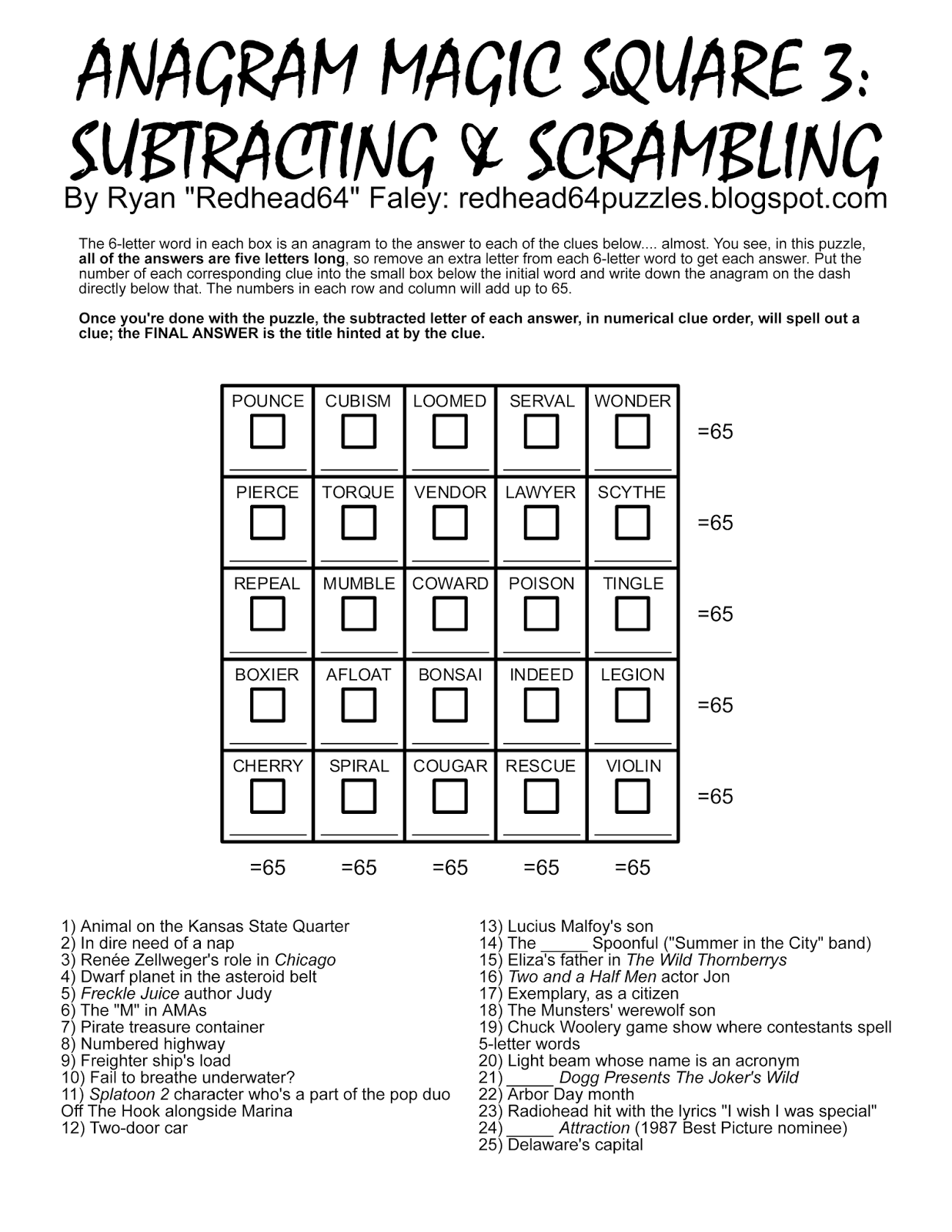 Redhead64&amp;#039;S Obscure Puzzle Blog!: Puzzle #166: Anagram Magic for Free Printable Anagram Magic Square Puzzles