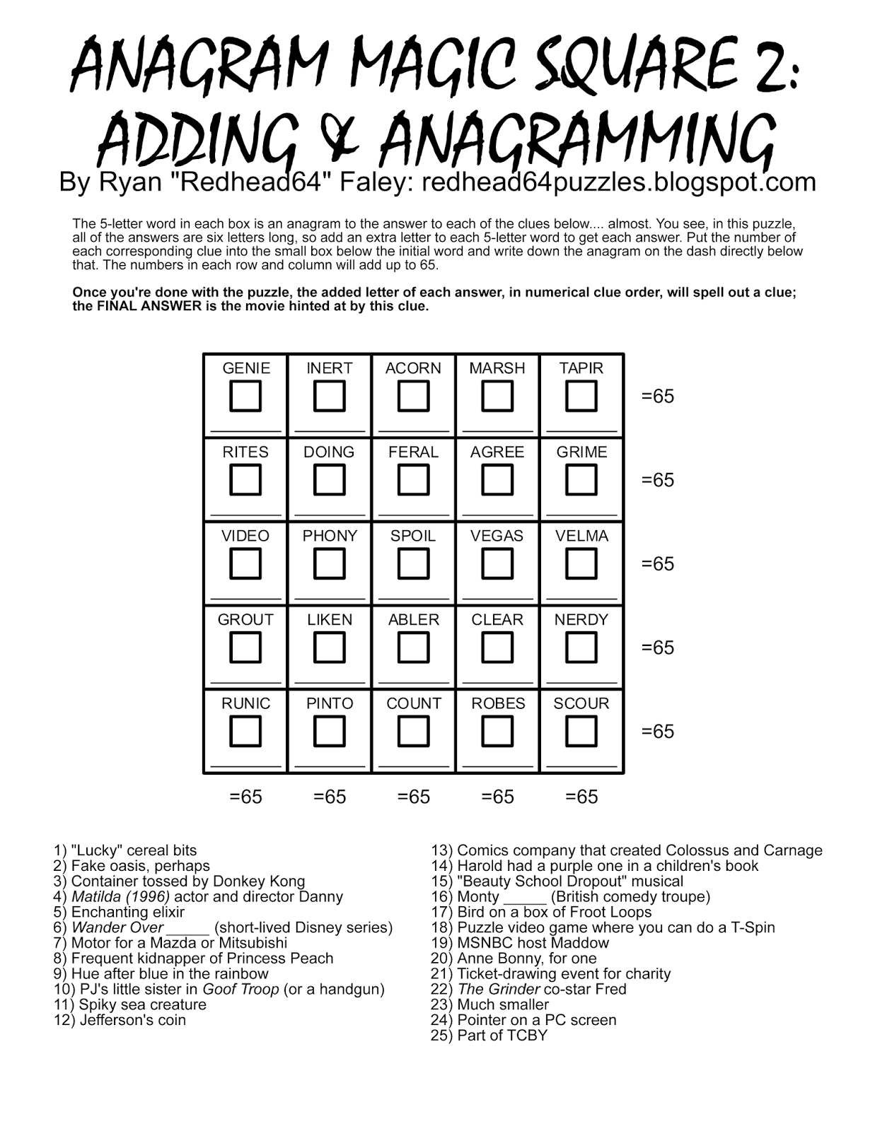 Redhead64&amp;#039;S Obscure Puzzle Blog!: Puzzle #93: Anagram Magic Square with regard to Free Printable Anagram Magic Square Puzzles