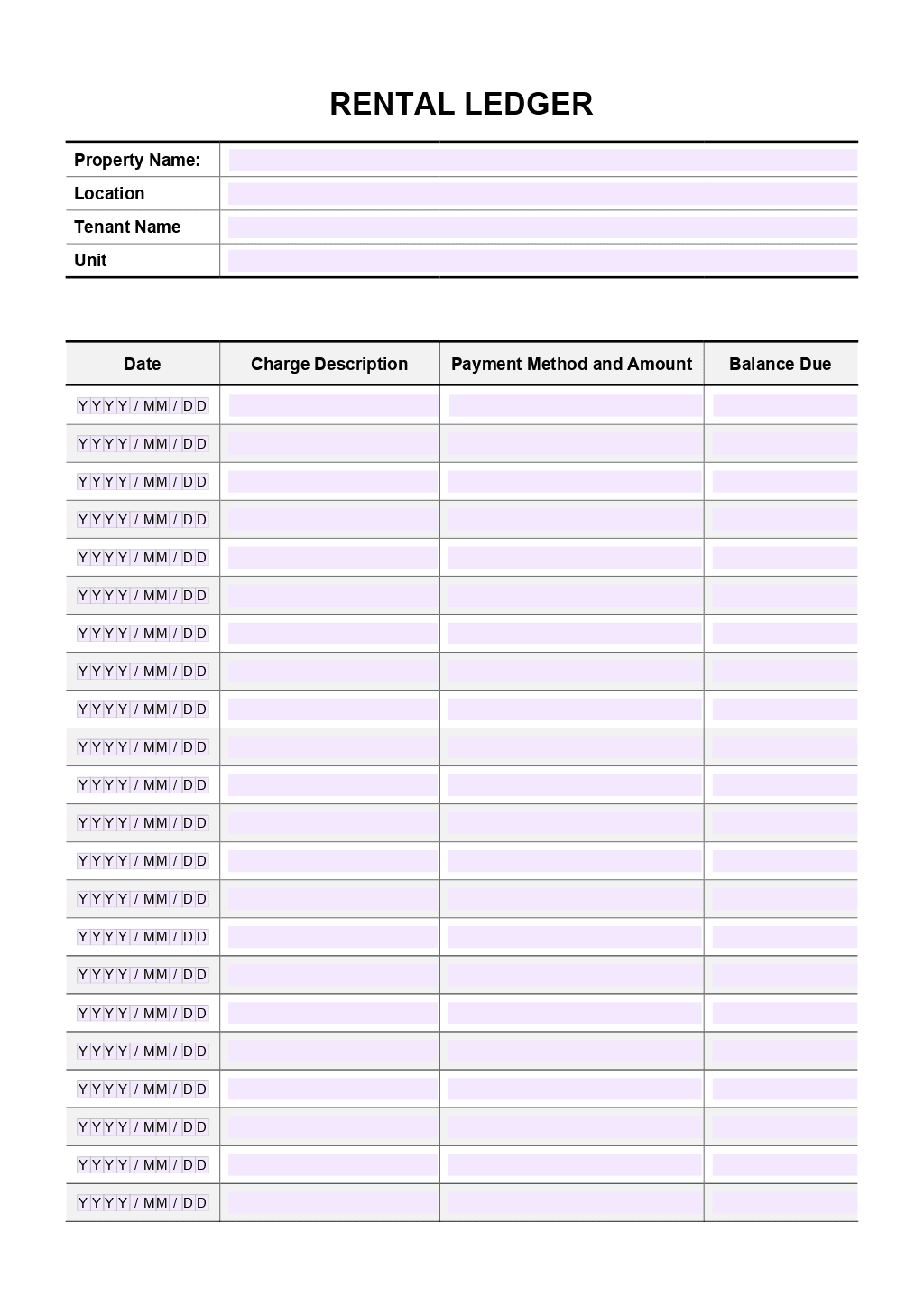 Rent Ledger Template with regard to Free Printable Rent Ledger