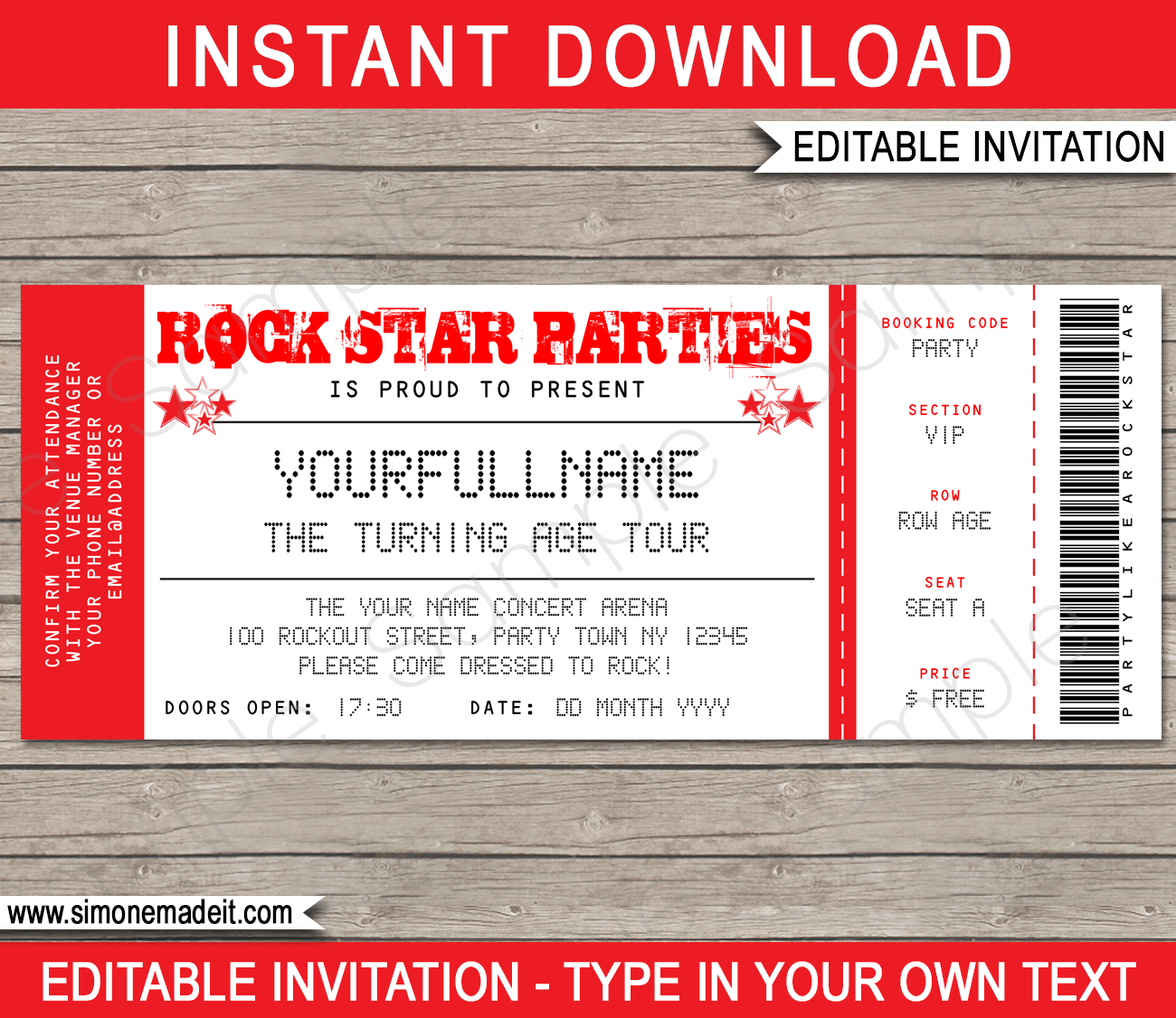 Rock Star Party Ticket Invitation | Concert Ticket | Printable regarding Free Printable Rockstar Birthday Invitations