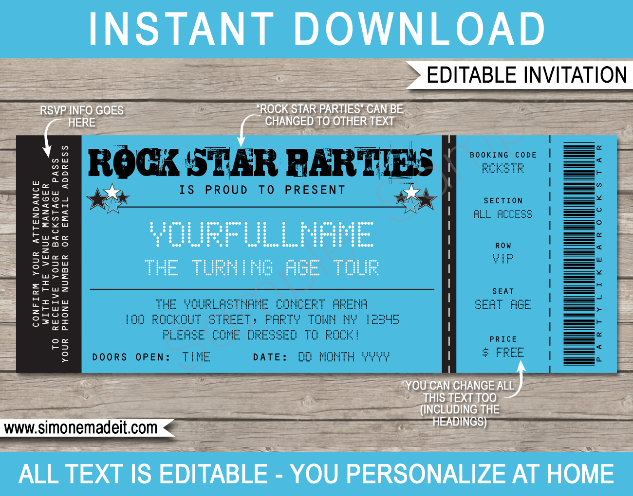 Rockstar Party Ticket Invitation Template | Birthday Concert pertaining to Free Printable Rockstar Birthday Invitations