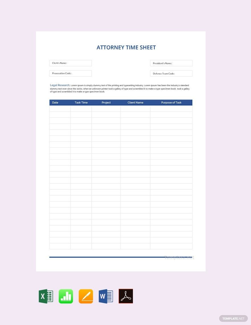 Sample Legal And Lawyer Timesheet Template In Ms Excel, Numbers with Free Printable Attorney Timesheets