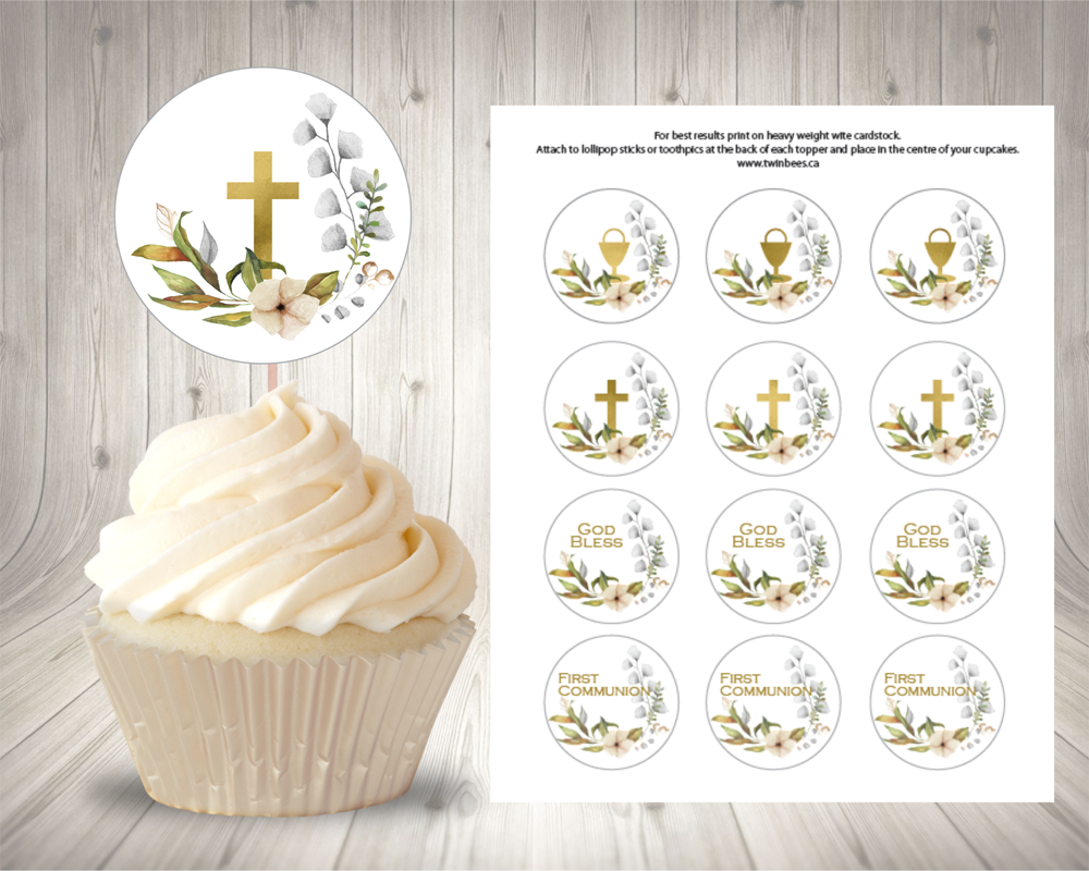 Set Of 12 Printable Gold First Communion Cupcake Toppers - Twin Bees within Free Printable First Communion Cupcake Toppers