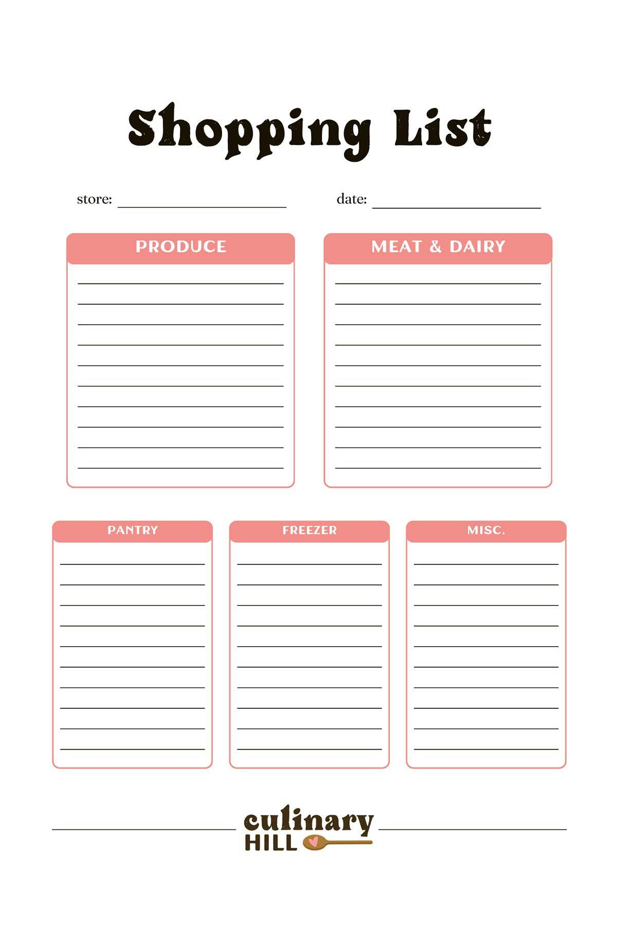 Shopping List Template - Culinary Hill for Free Printable Shopping List