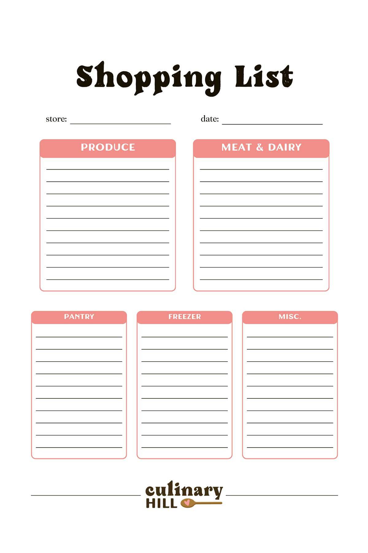 Shopping List Template - Culinary Hill intended for Free Printable Grocery List