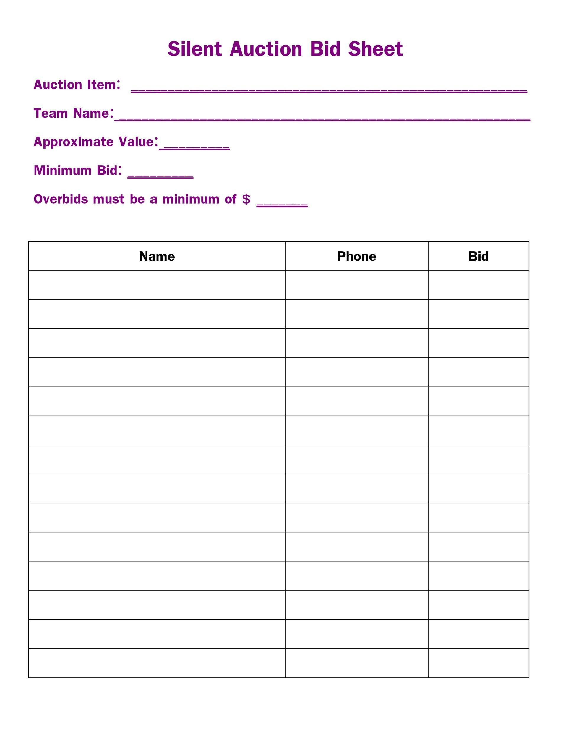 Silent Auction Bid Sheet | Download Now with Free Printable Silent Auction Bid Sheets