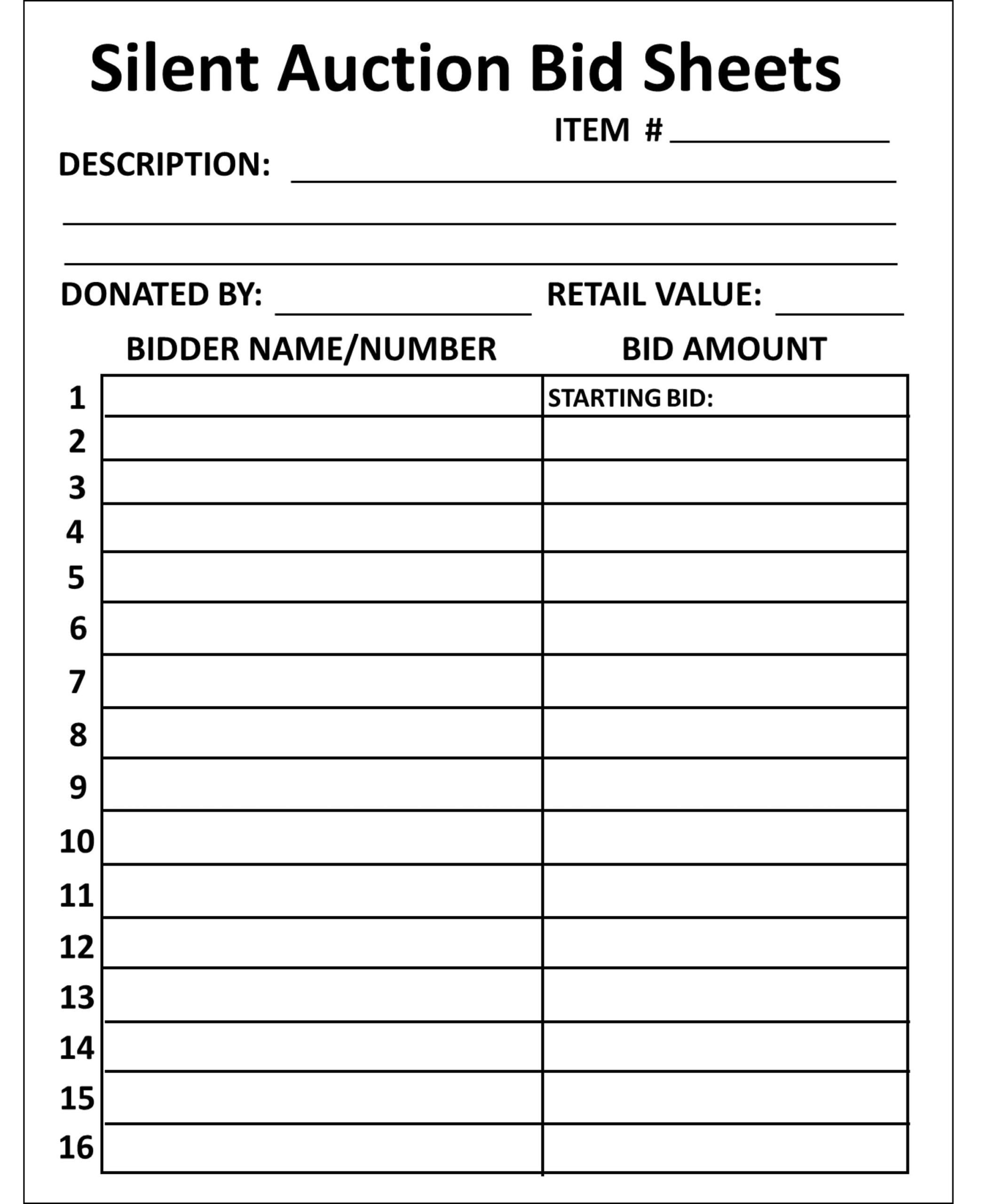 Silent Auction Bid Sheet ; Pdf Instant Download ; pertaining to Free Printable Silent Auction Bid Sheets