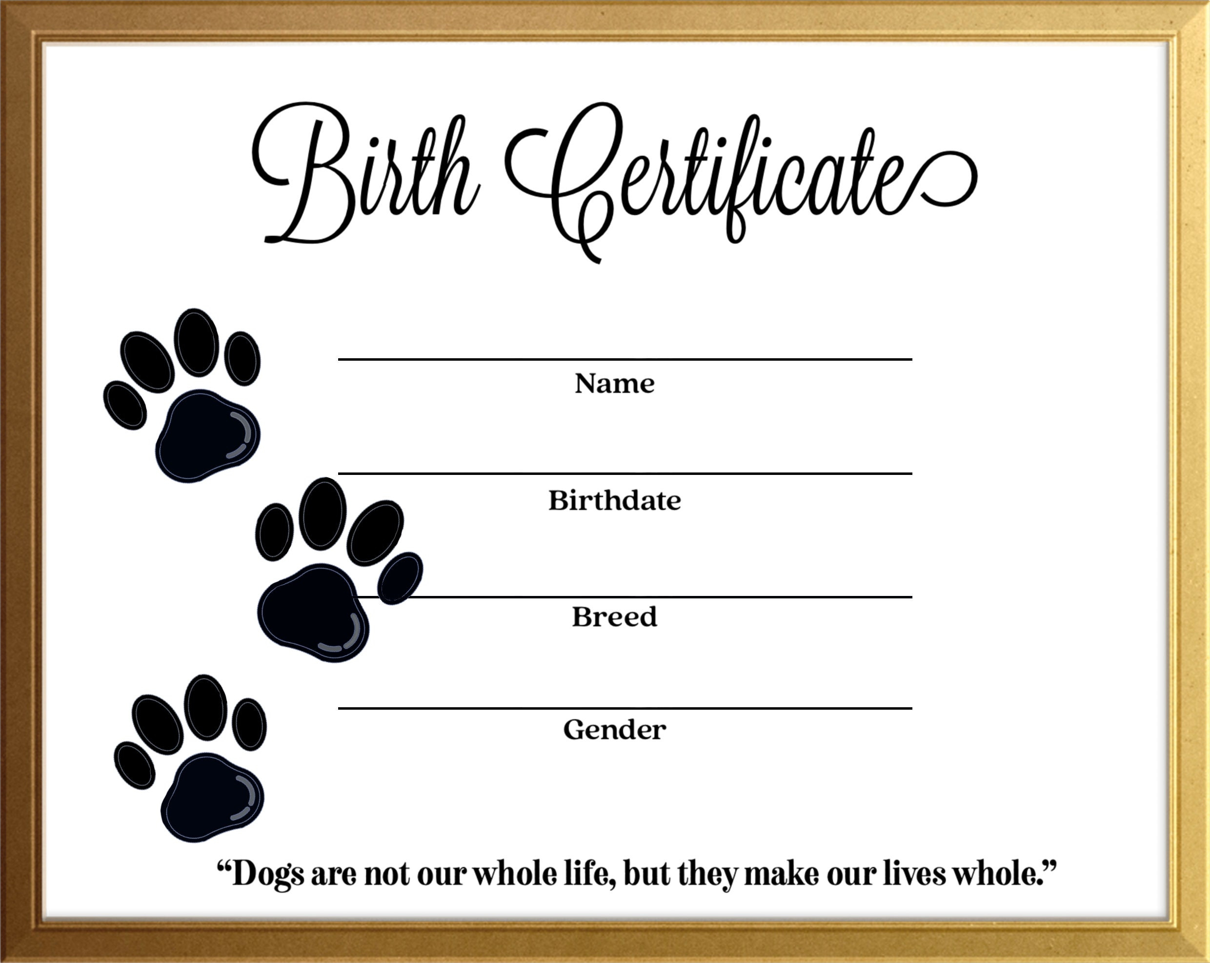 Simple Dog Canine Birth Certificate Instant Download Printable Template - Gold Frame Breeder Resource with regard to Free Printable Birth Certificates for Puppies