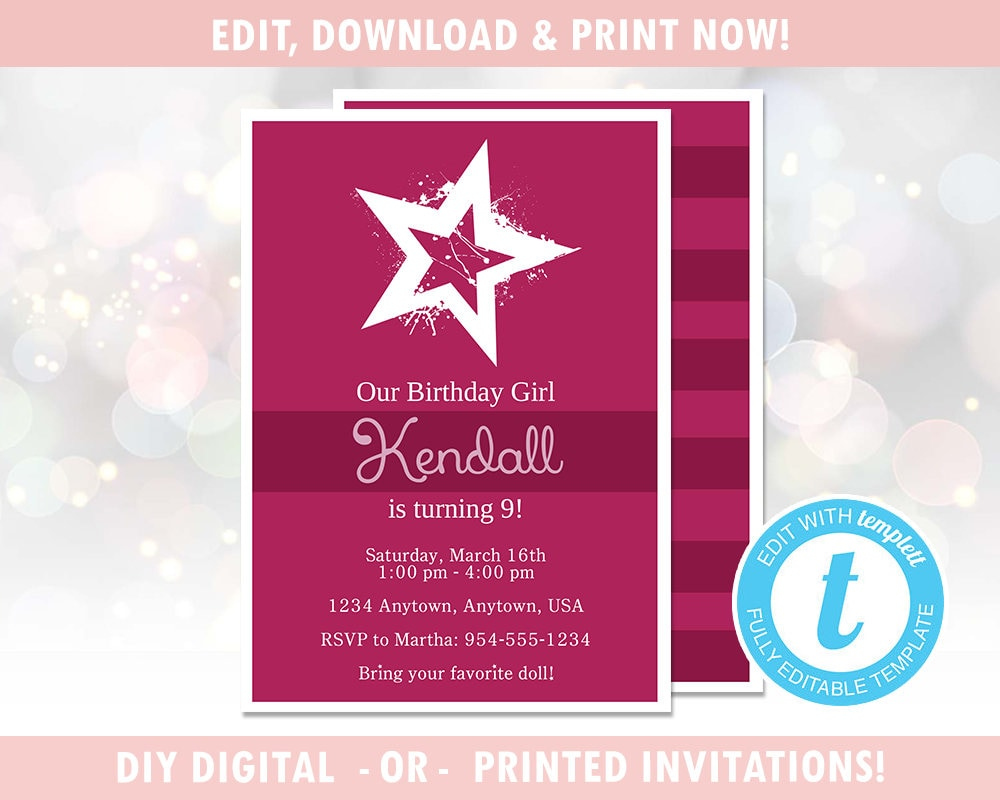 Star Birthday Girl Birthday Party Invitation Digital Diy Instant regarding American Girl Party Invitations Free Printable