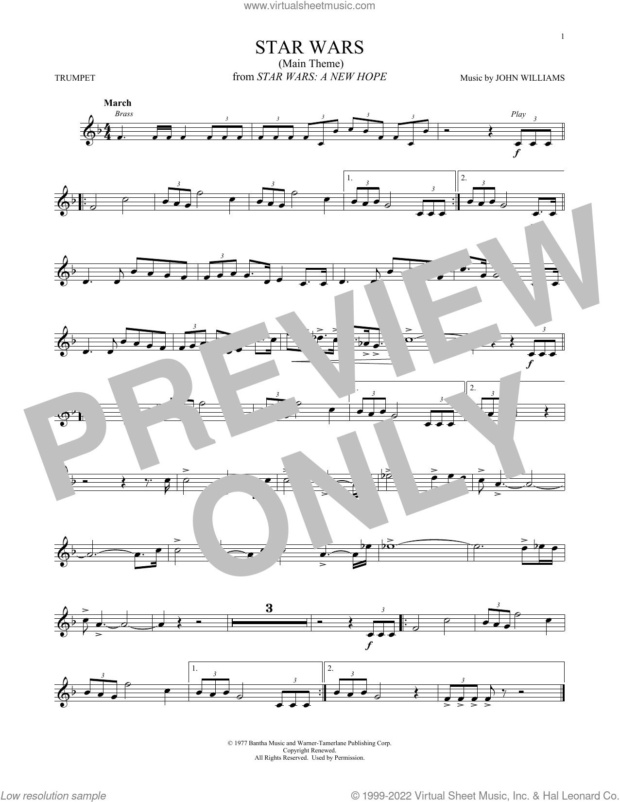 Star Wars (Main Theme) Sheet Music For Trumpet Solo (Pdf) with regard to Free Printable Trumpet Sheet Music Star Wars