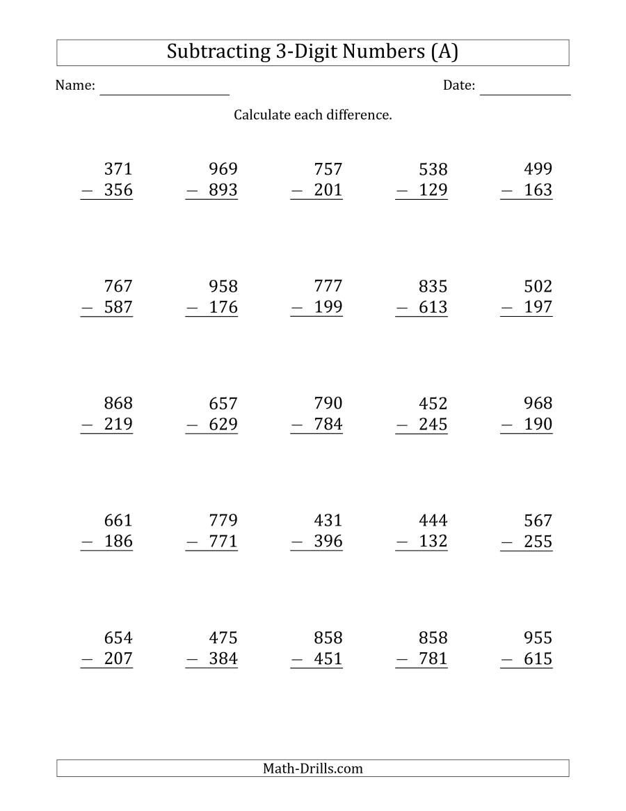 Subtracting 3-Digit Numbers Math Worksheet for Free Printable 3 Digit Subtraction With Regrouping Worksheets