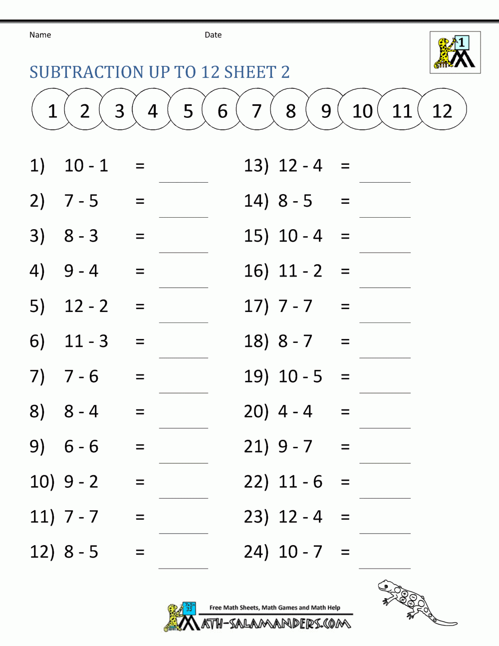 Subtraction Facts Worksheets 1St Grade inside Free Printable Math Test For 1St Grade