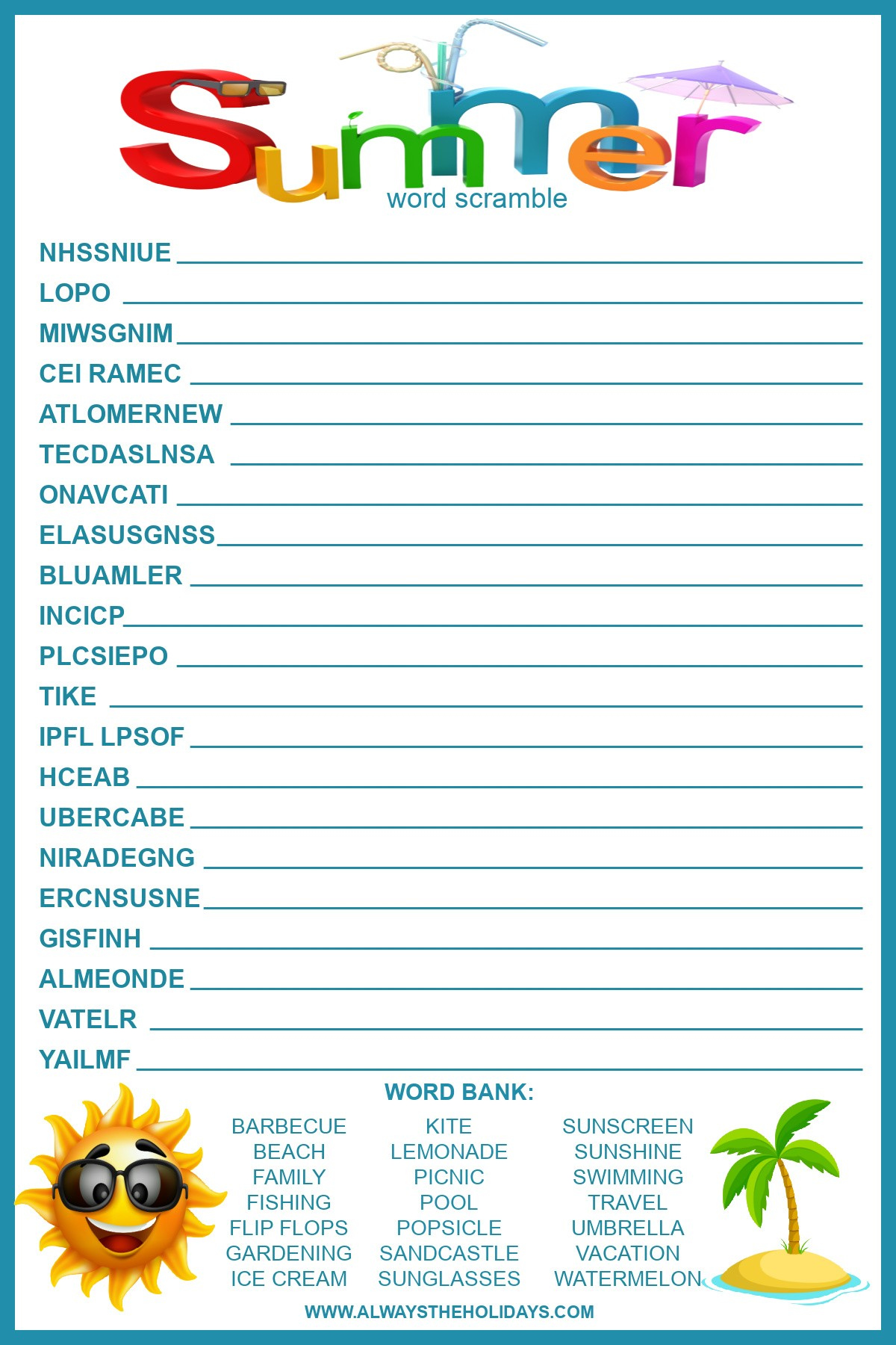 Summer Word Scramble With Answers - Free Printable For Kids in Unscramble Word Games Printable Free