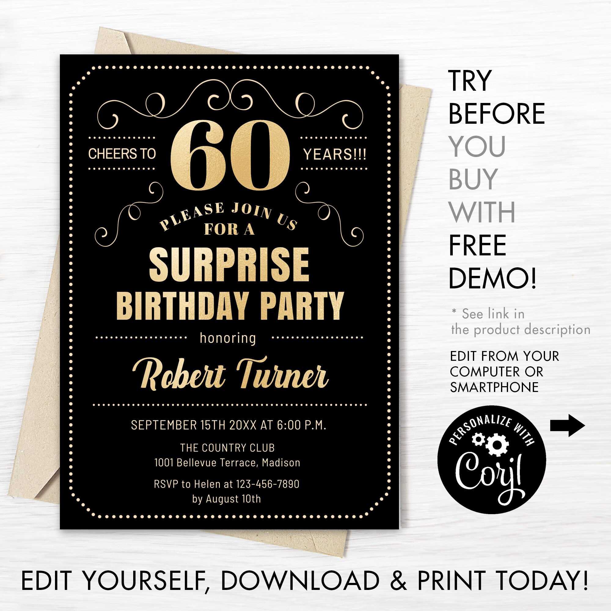 Surprise 60Th Birthday Party Invitation Instant Download Digital pertaining to Free Printable Surprise 60th Birthday Invitations