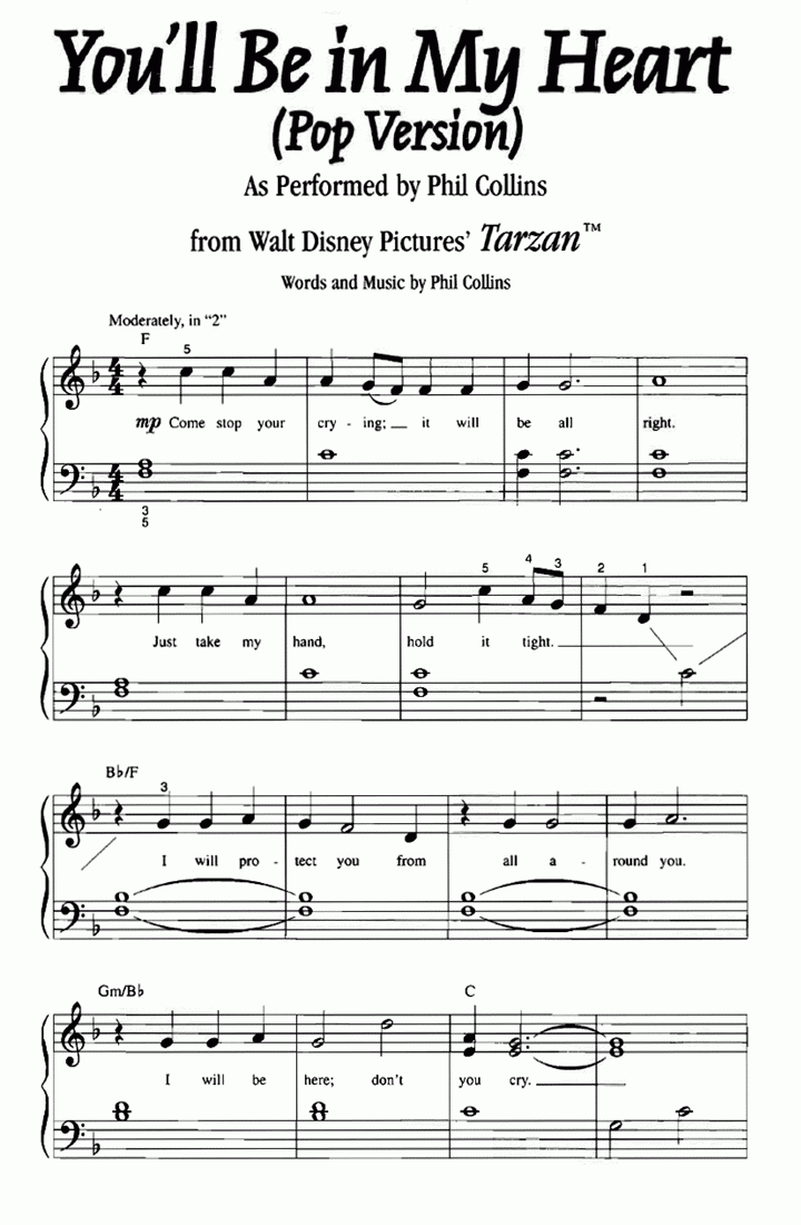 Tarzan You&amp;#039;Ll Be In My Heart Easy Piano Sheet Music | Easy Sheet Music in Free Printable Sheet Music For Piano Beginners Popular Songs