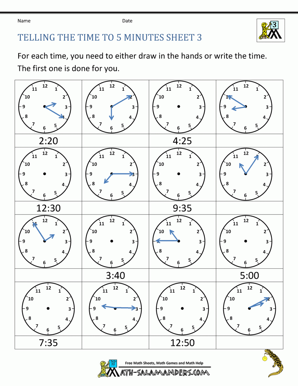 Telling Time To 5 Minutes Worksheets intended for Free Printable Time Worksheets for Grade 3