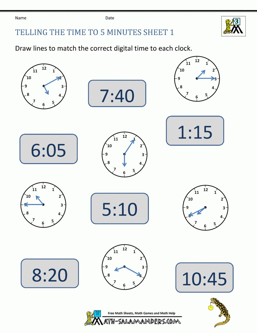 Telling Time To 5 Minutes Worksheets throughout Free Printable Time Worksheets for Grade 3