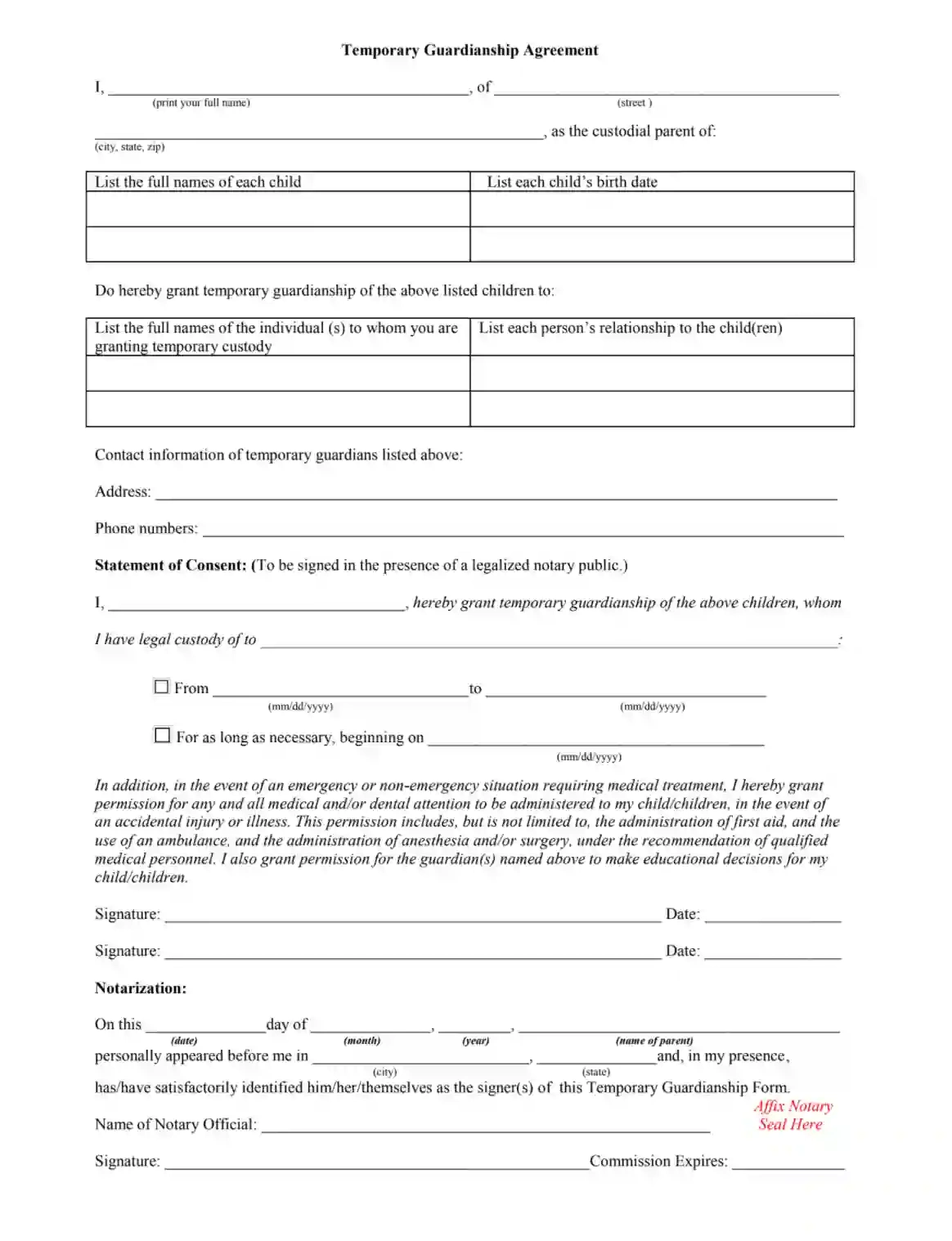 Temporary Custody Form ≡ Fill Out Printable Pdf Forms Online inside Free Printable Child Custody Forms