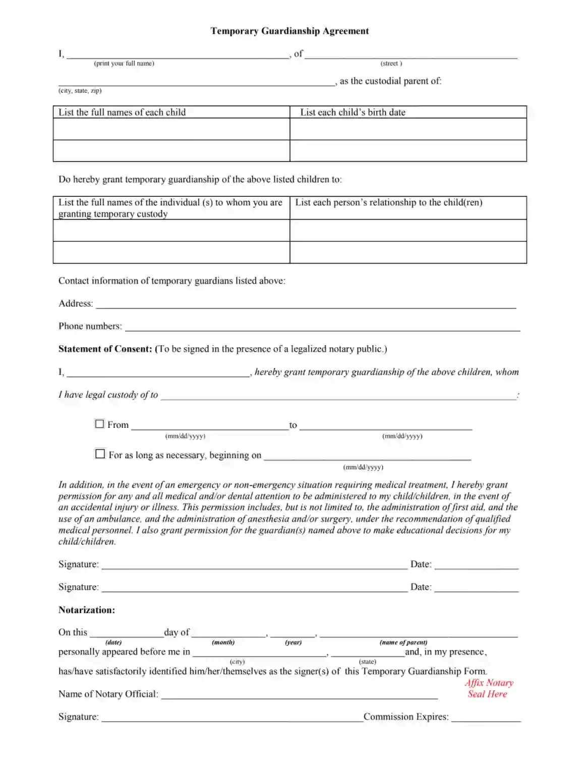 Temporary Custody Form ≡ Fill Out Printable Pdf Forms Online with regard to Free Printable Legal Guardianship Forms