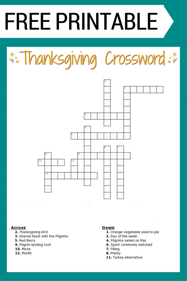 Thanksgiving Crossword Puzzle Free Printable For Kids Or Adults with Thanksgiving Crossword Puzzles Printable Free