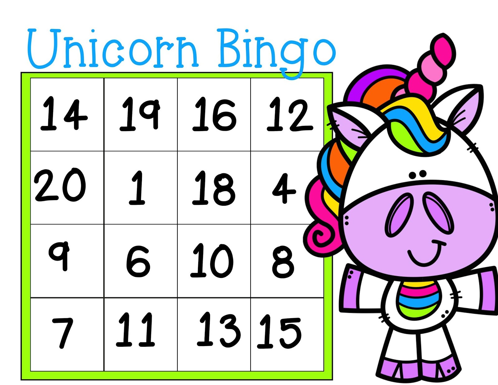 The Cozy Red Cottage: Free Unicorn Bingo (Numbers 1-20) in Free Printable Number Bingo Cards 1-20