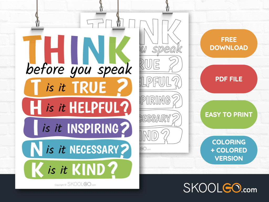 Think Before You Speak - Free Classroom Poster - Skoolgo within Printable Posters Free Download