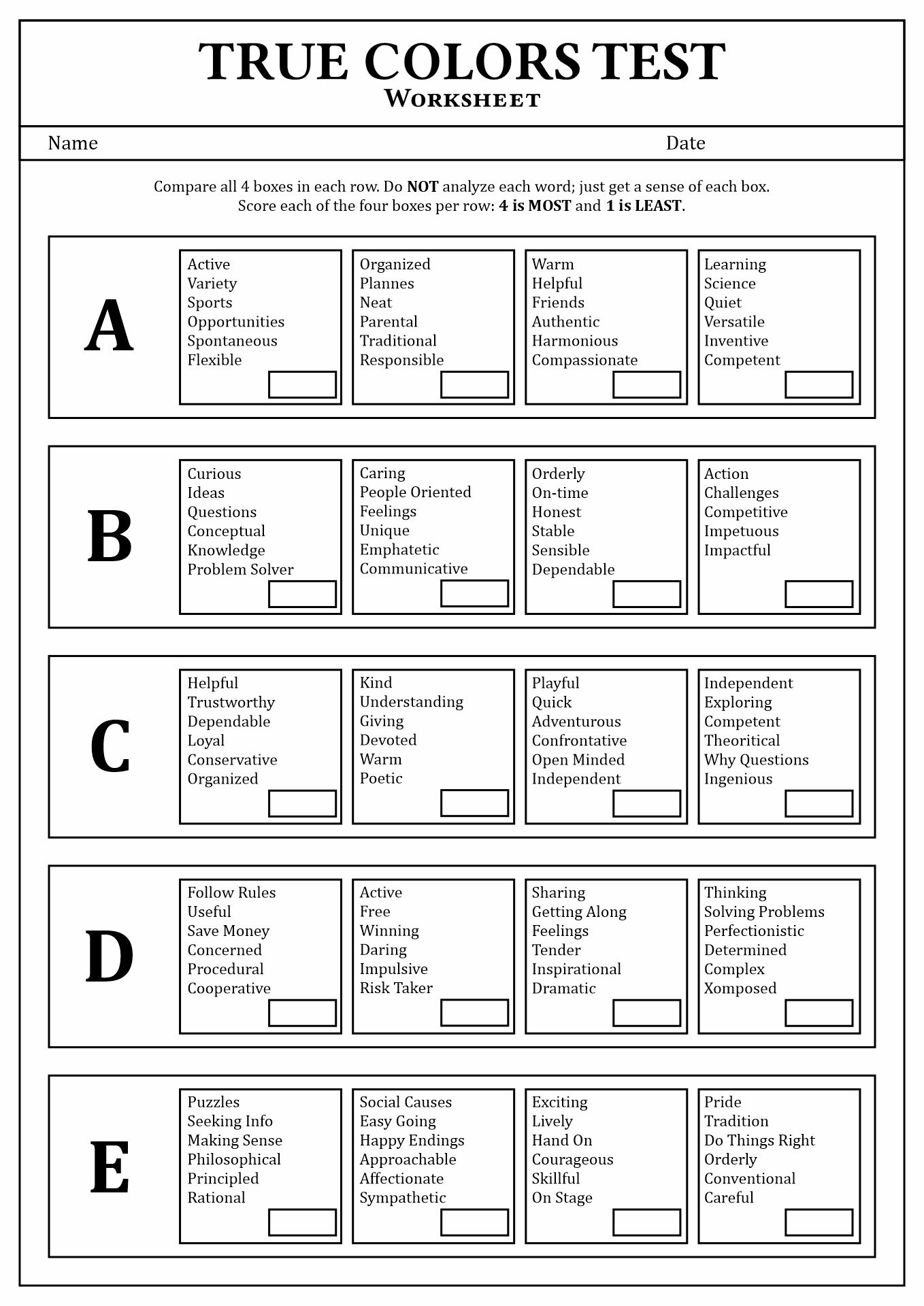 True Colors Personality Test Printable in Free Printable Personality Test