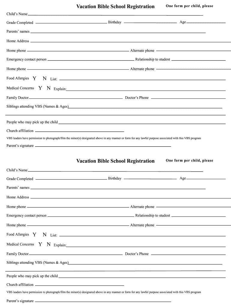 Vacation Bible School Form - Fill Online, Printable, Fillable with Free Printable Vbs Registration Forms