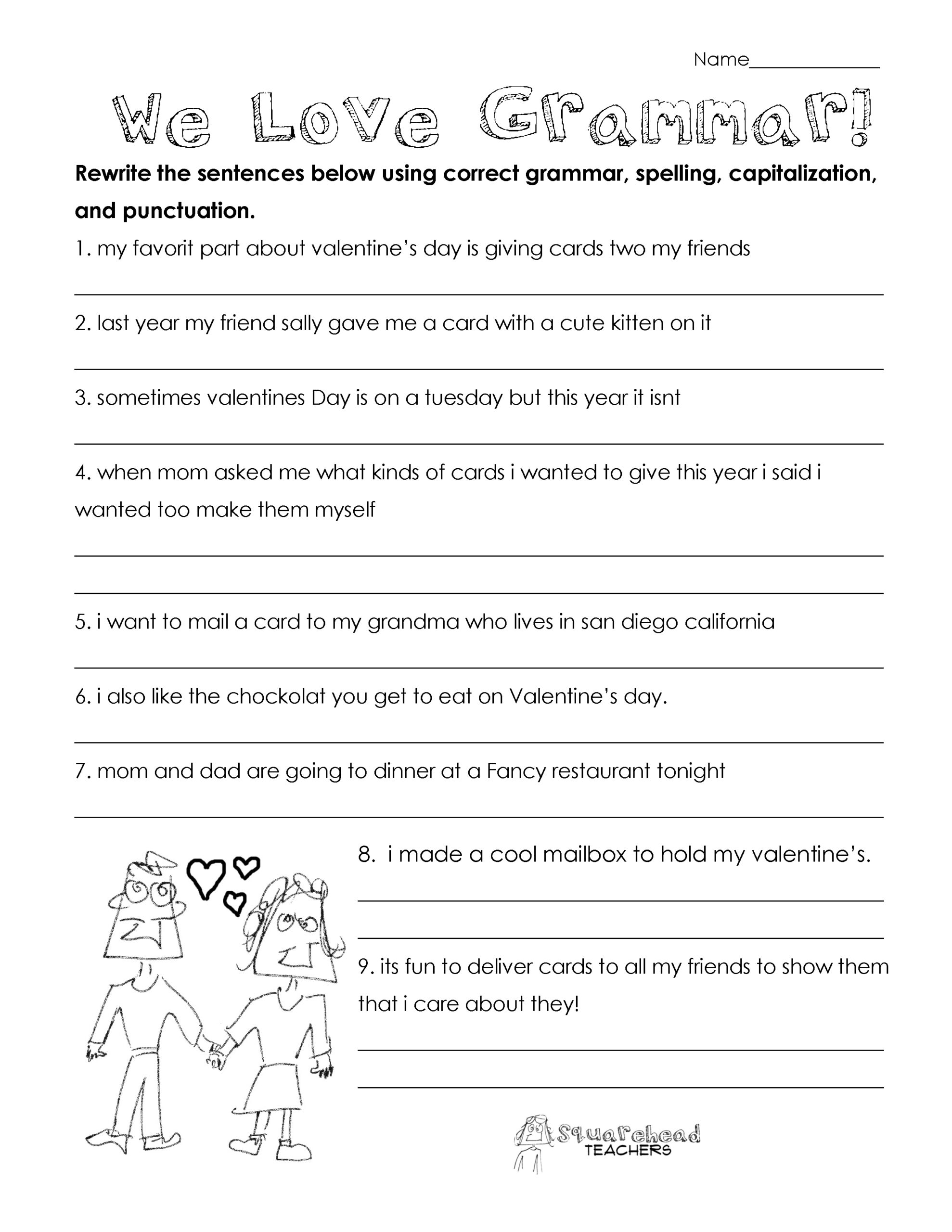 Valentine&amp;#039;S Day Grammar (Free Worksheet For 3Rd Grade And Up inside Free Printable Grammar Worksheets