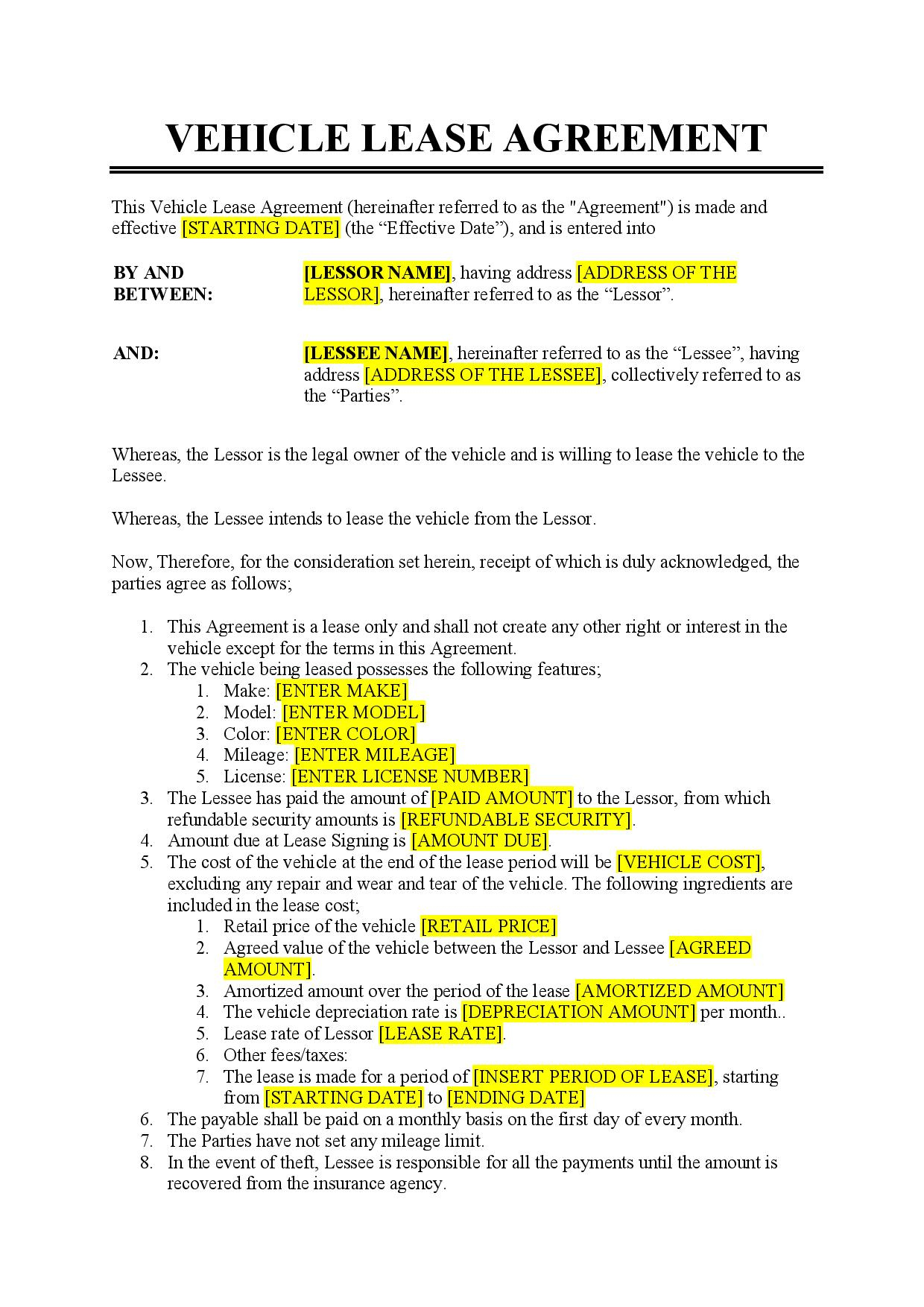 Vehicle Lease Agreement Template - Free Download - Easy Legal Docs within Free Printable Vehicle Lease Agreement