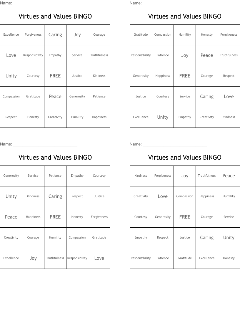 Virtues And Values Bingo - Wordmint intended for Free Printable Virtues Cards