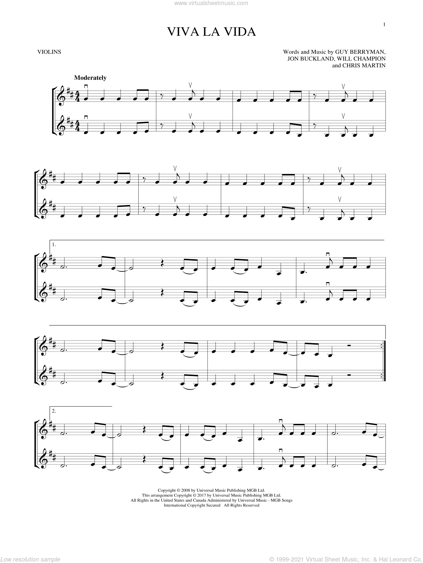 Viva La Vida Sheet Music For Two Violins (Duets, Violin Duets) throughout Free Printable Violin Sheet Music For Viva La Vida