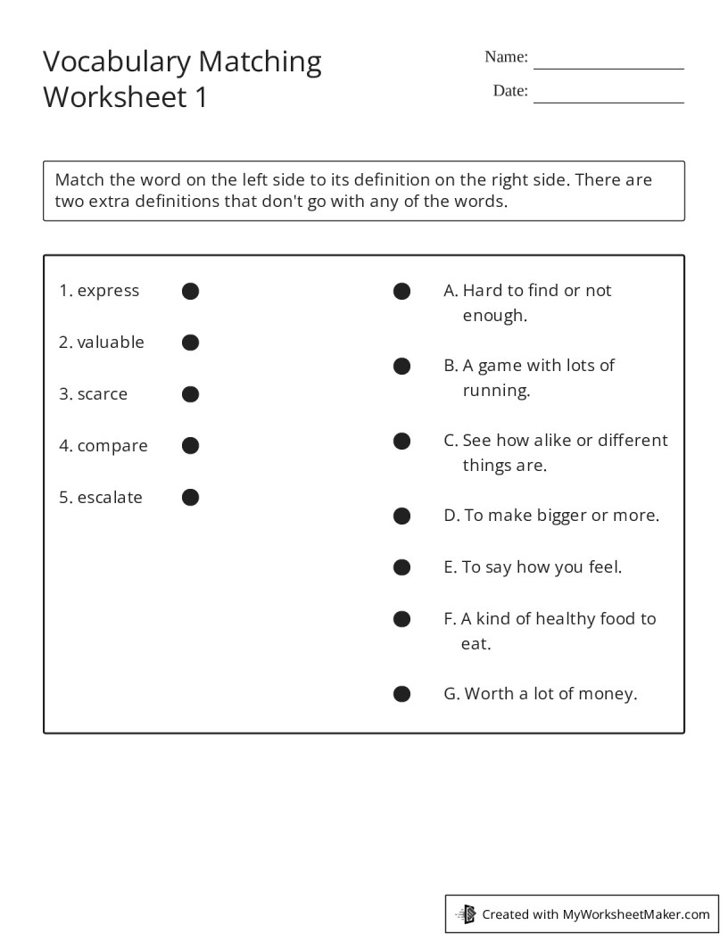 Vocabulary Matching Worksheet 1 - My Worksheet Maker: Create Your for Free Printable Vocabulary Quiz Maker