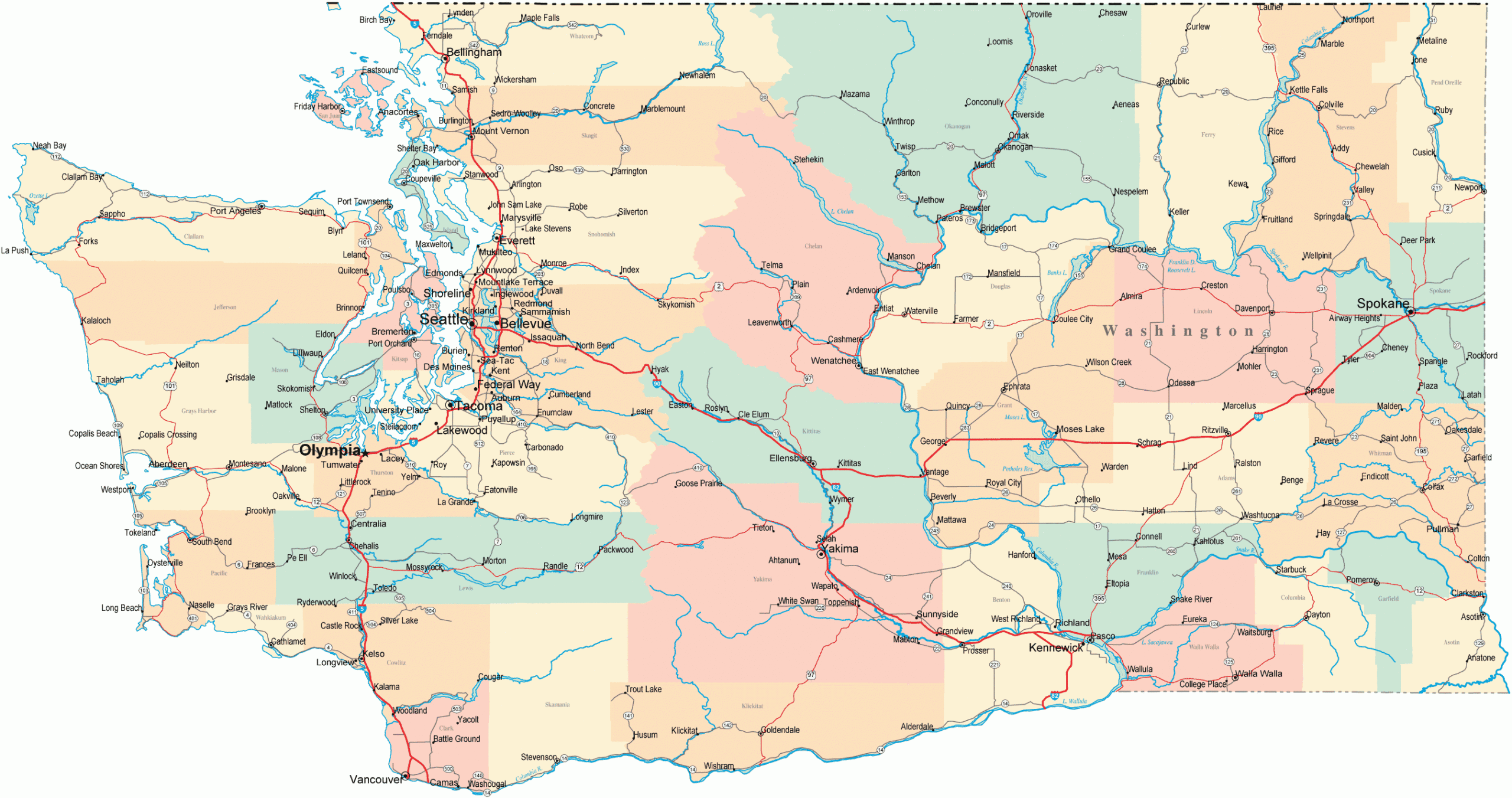 Washington Road Map - Wa Road Map - Washington Highway Map with regard to Free Printable Map of Washington State