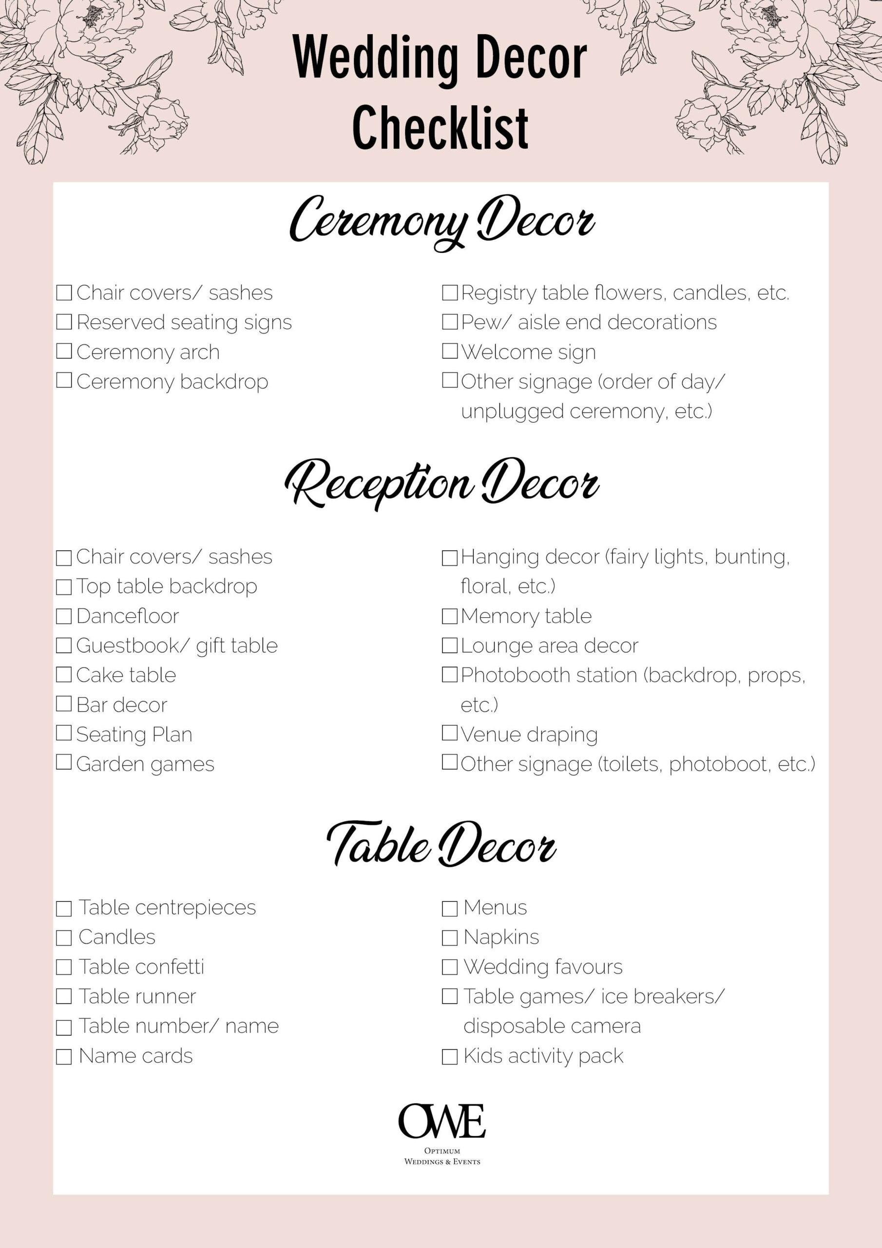Wedding Decor Checklist [Free Download] | Wedding Venues Checklist with regard to Free Printable Wedding Decorations