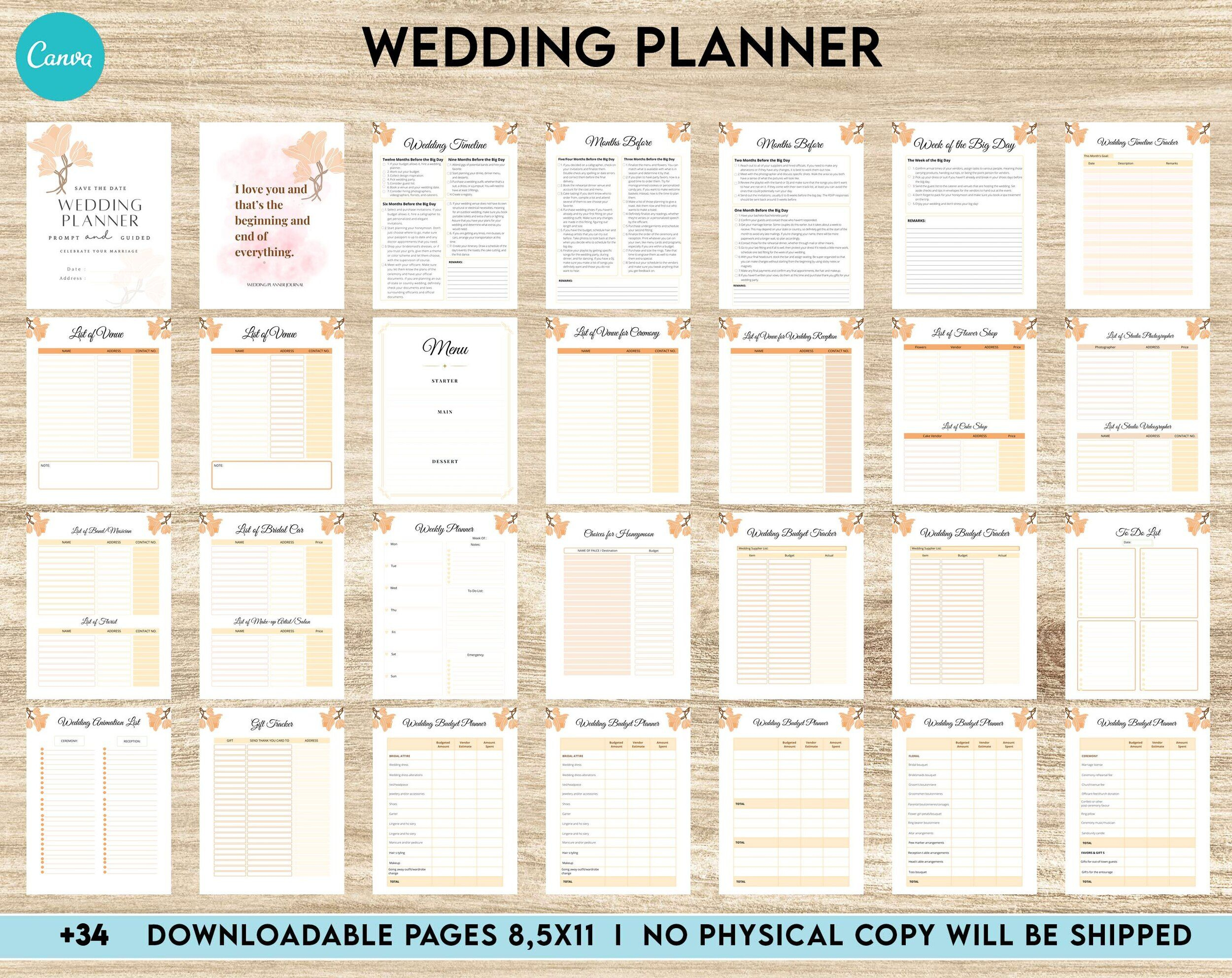 Wedding Planner Printable, Wedding Pages, Wedding Plan Bundle, Wedding Planning Book, Canva Editable Templates Interior intended for Free Printable Wedding Planner Book