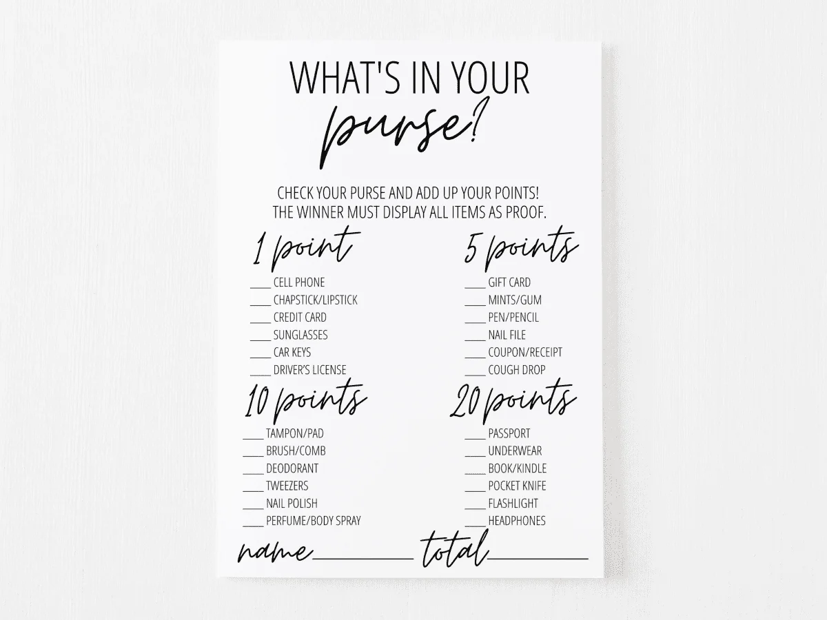 What&amp;#039;S In Your Purse? Game Free Printable | Modern Moh in Free Printable Bridal Shower Games What&amp;#039;S In Your Purse