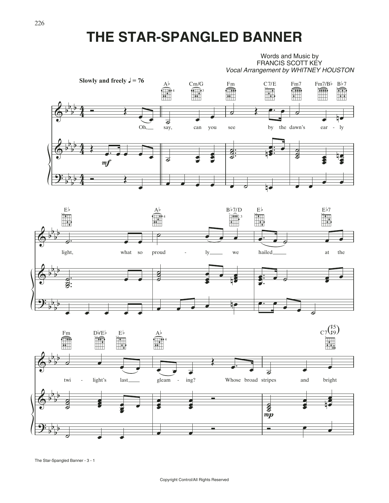 Whitney Houston &amp;quot;The Star-Spangled Banner&amp;quot; Sheet Music &amp;amp; Chords in Free Printable Piano Sheet Music For The Star Spangled Banner