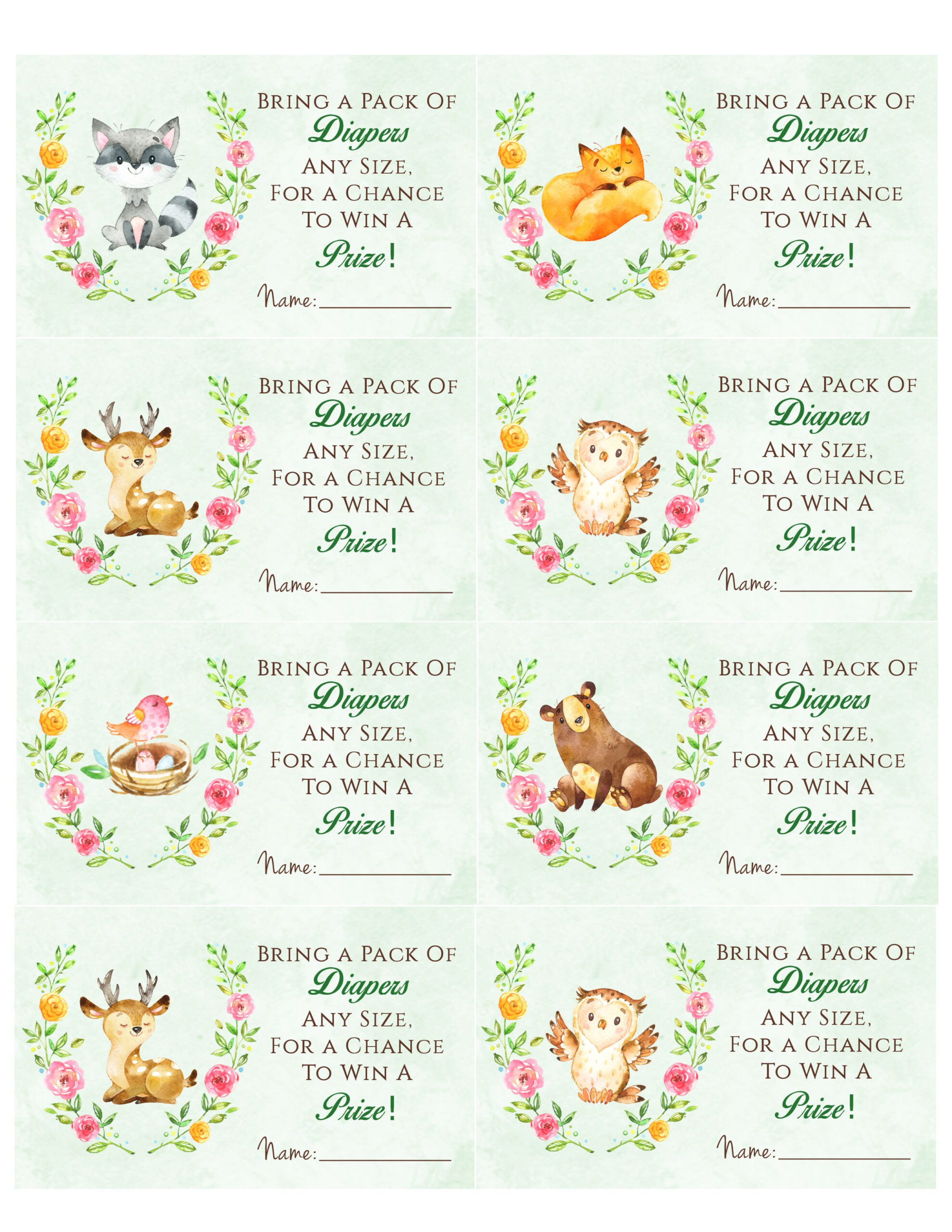 Woodland Animal Baby Shower Diaper Raffle. Free Printable | Animal in Free Woodland Baby Shower Printables