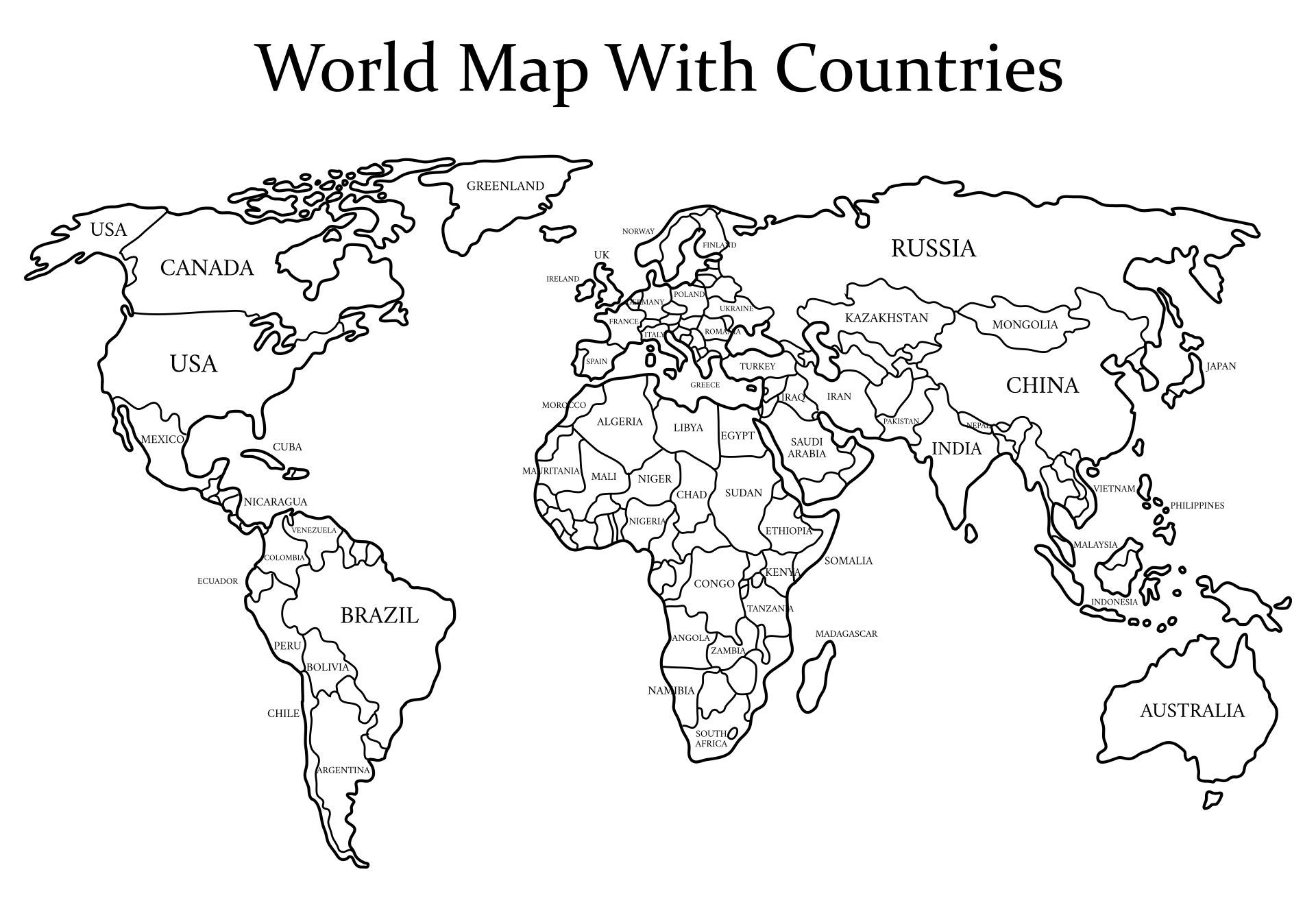 10 Best Black And White World Map Printable in Free Printable World Map With Countries Labeled