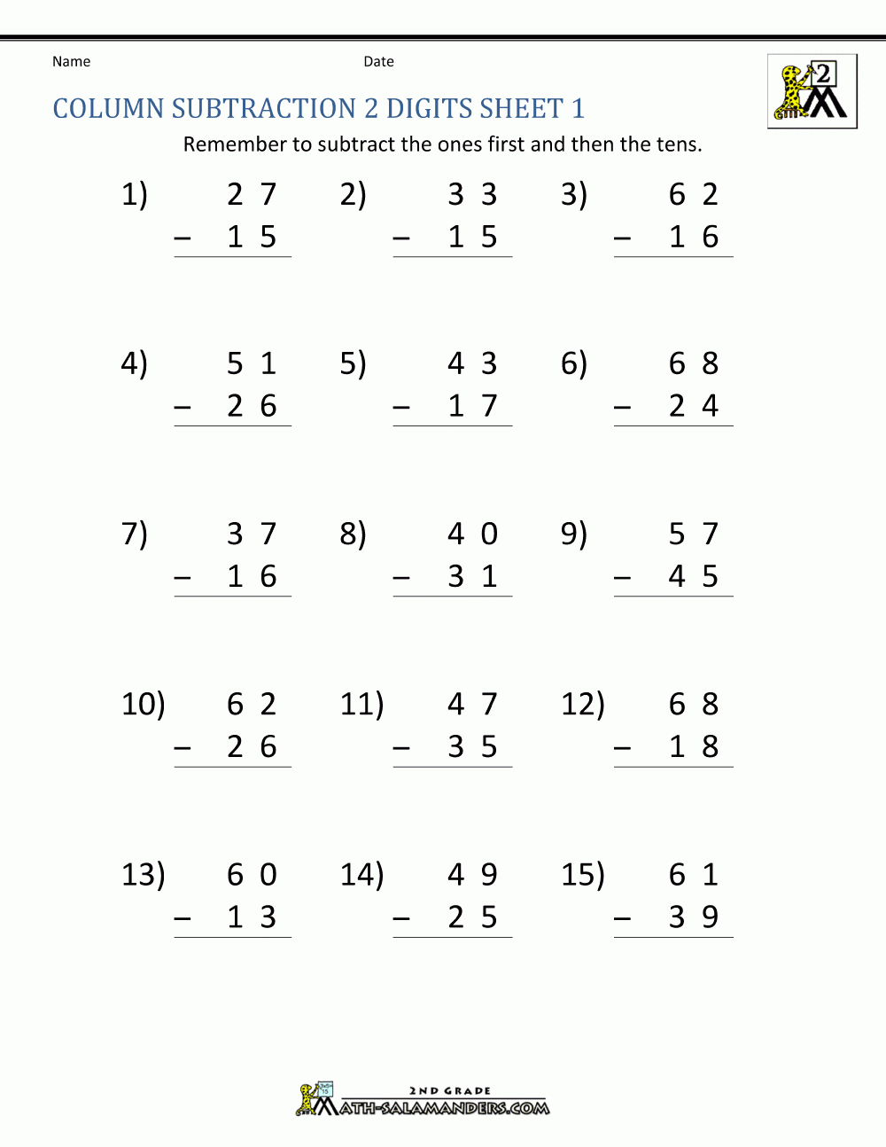 2 Digit Subtraction Worksheets throughout Free Printable Subtraction Worksheets For 2Nd Grade