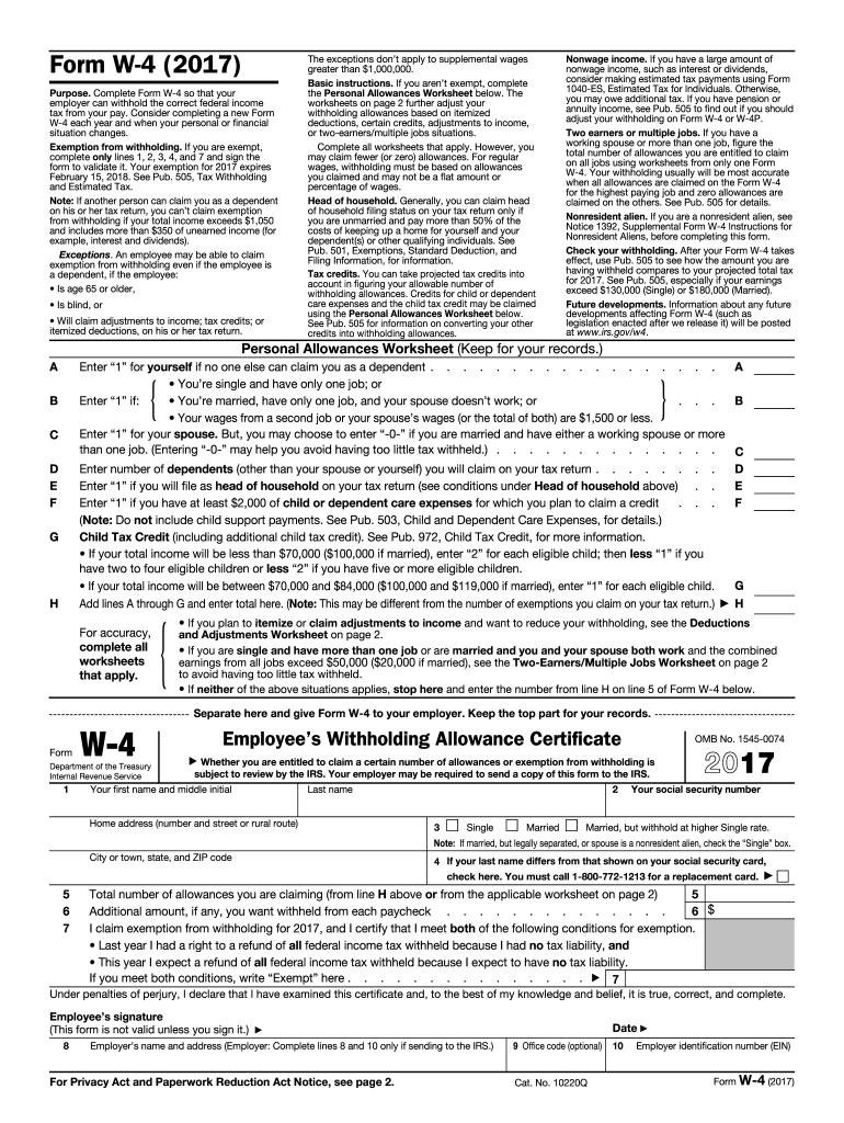 2017 Form Irs W-4 Fill Online, Printable, Fillable, Blank - Pdffiller with regard to Free Printable W 4 Form