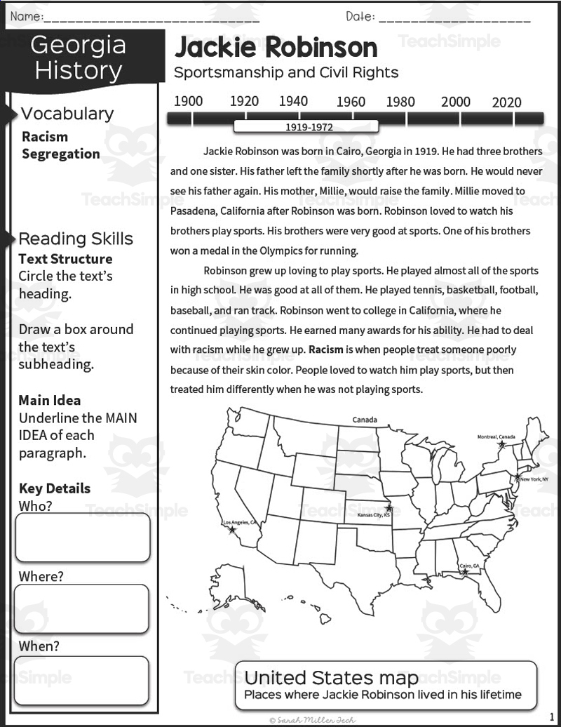 2Nd Grade Reading Packet: Jackie Robinson with Jackie Robinson Free Printables