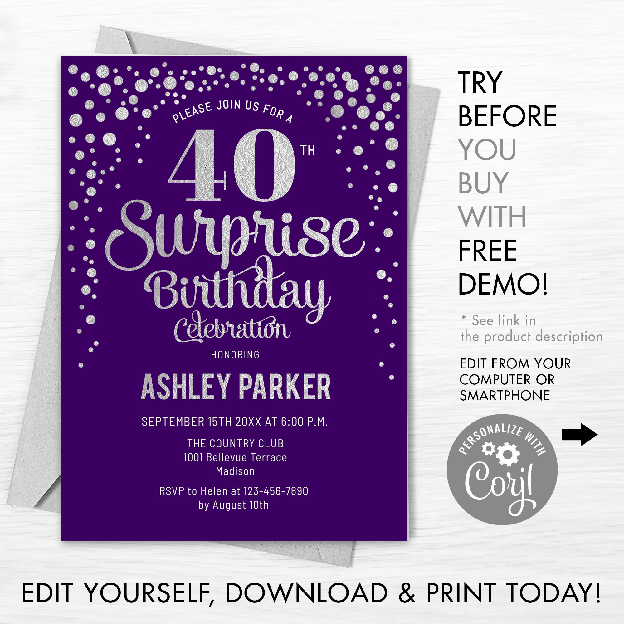 40Th Surprise Birthday Invitation. Instant Download Diy Digital with Free Printable Surprise 40th Birthday Party Invitations