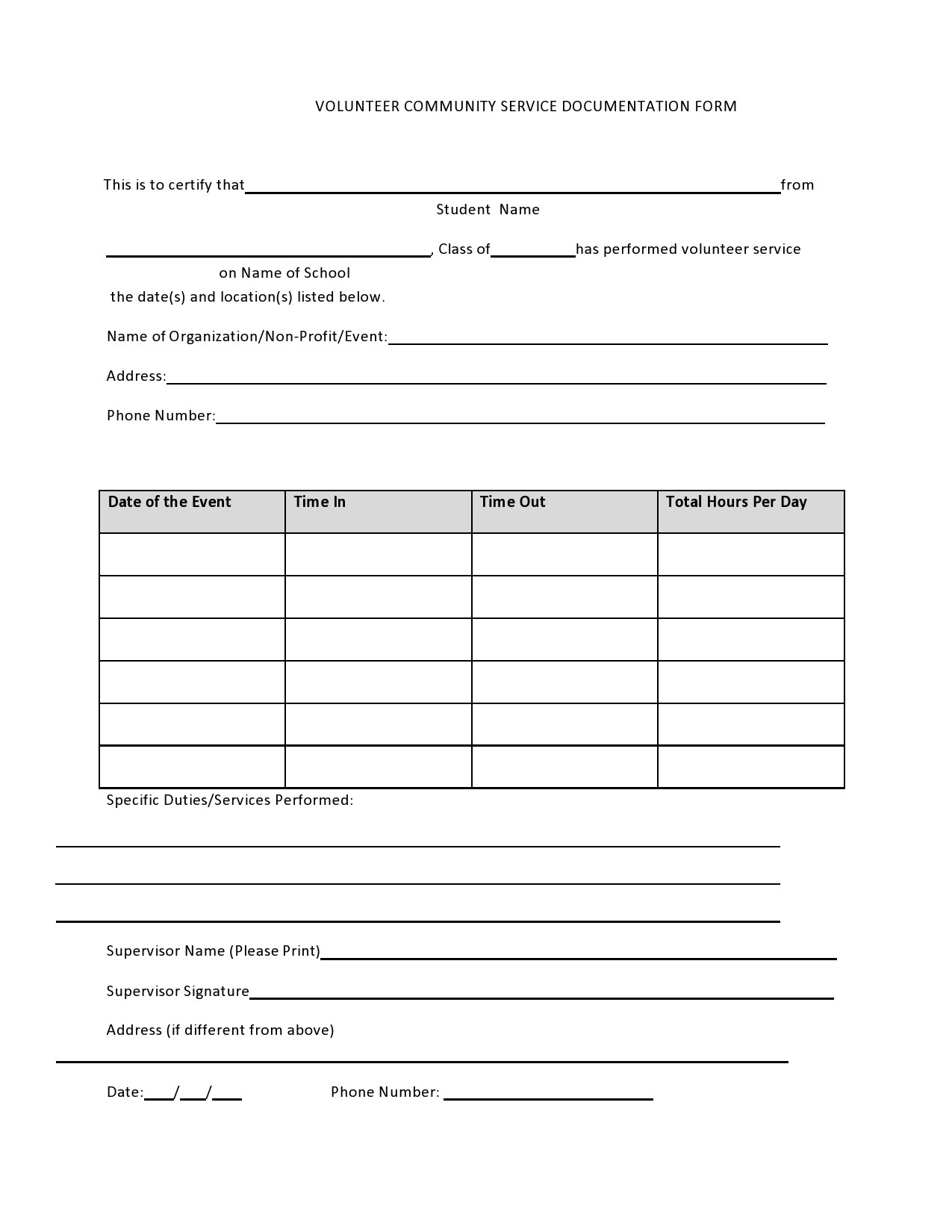 44 Printable Community Service Forms (Ms Word) ᐅ Templatelab in Free Printable Volunteer Forms