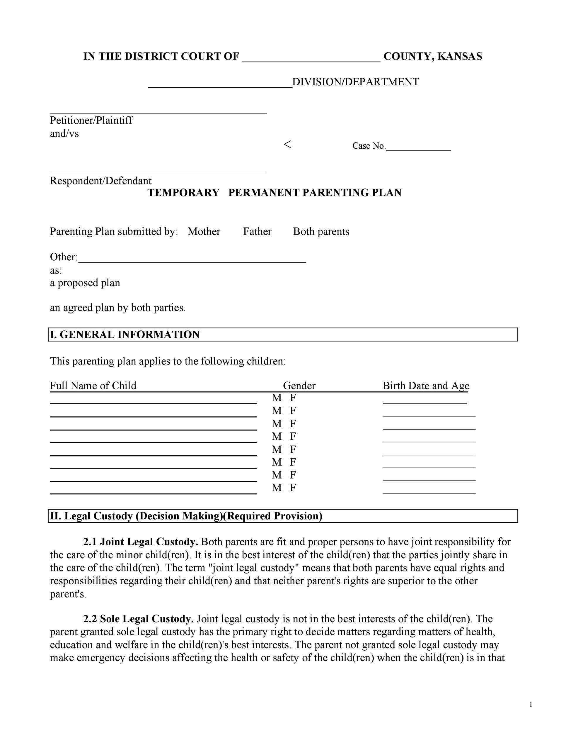 49 Free Parenting Plan &amp;amp; Custody Agreement Templates in Free Printable Parenting Plan