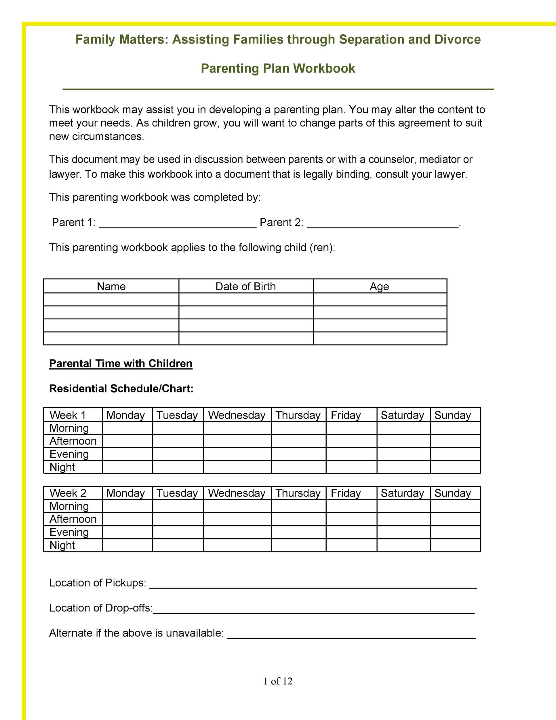 49 Free Parenting Plan &amp;amp; Custody Agreement Templates regarding Free Printable Parenting Plan