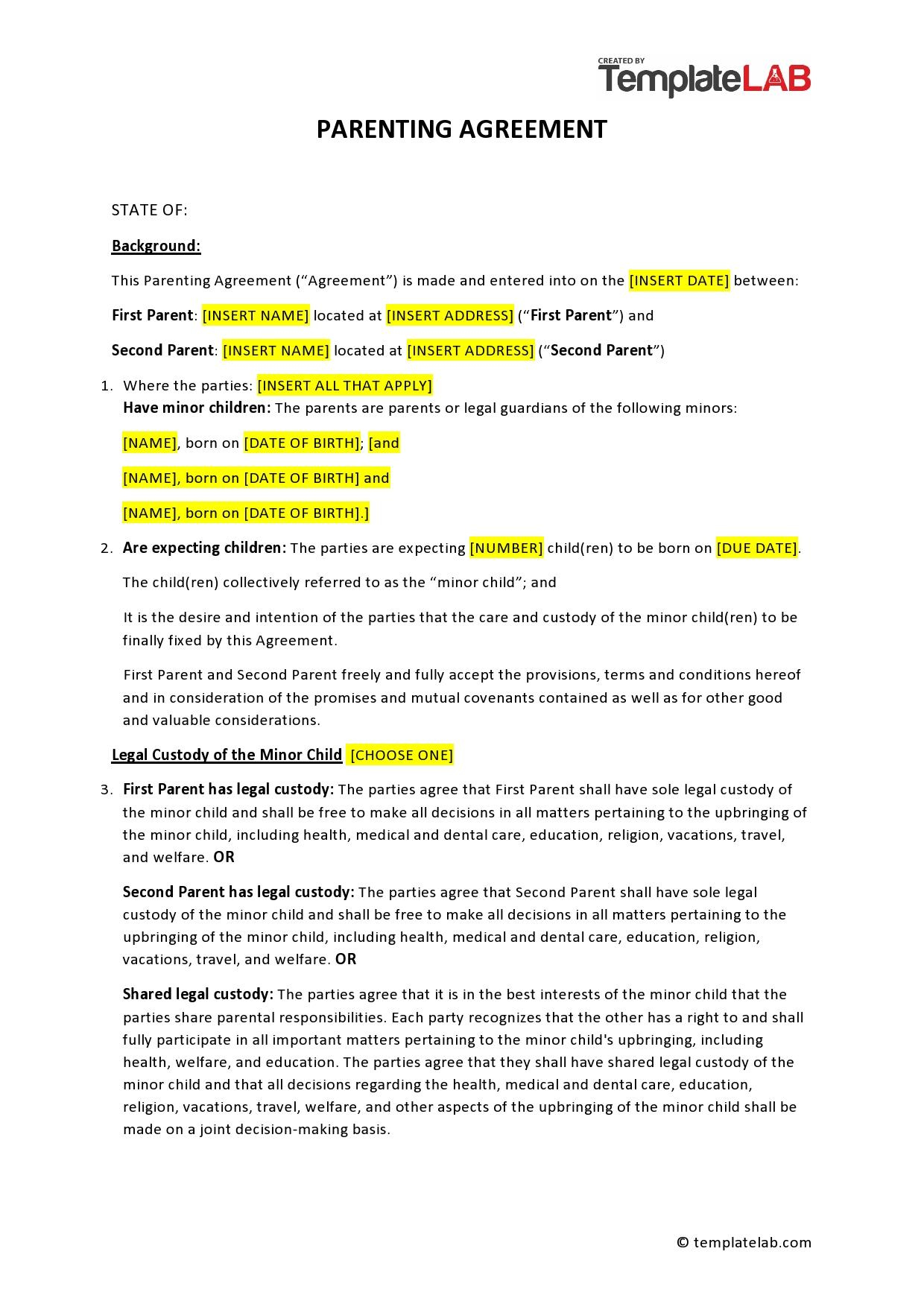 49 Free Parenting Plan &amp;amp; Custody Agreement Templates within Free Printable Parenting Plan