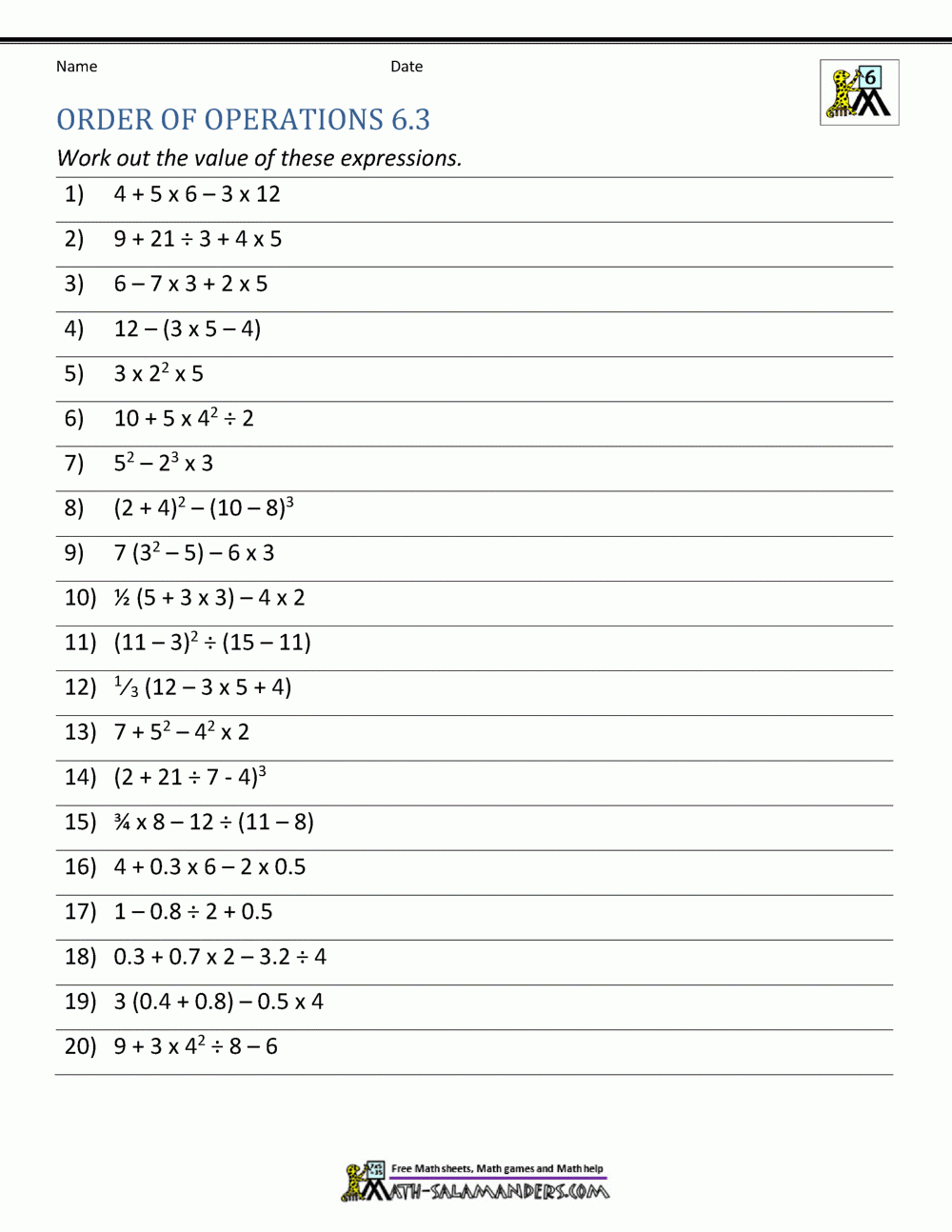 6Th Grade Order Of Operations Worksheets in Free Printable Math Worksheets 6Th Grade Order Operations