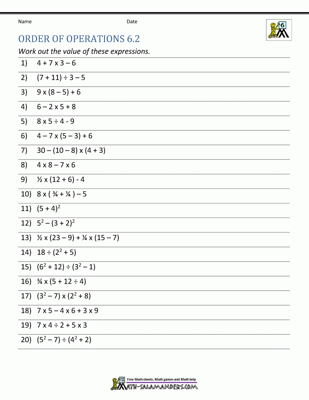 6Th Grade Order Of Operations Worksheets throughout Free Printable Math Worksheets 6Th Grade Order Operations